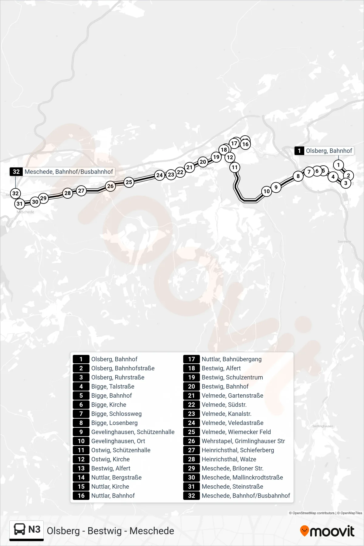 Linie N3 (Bus) Richtung Meschede: Route und Haltestellen auf der Karte