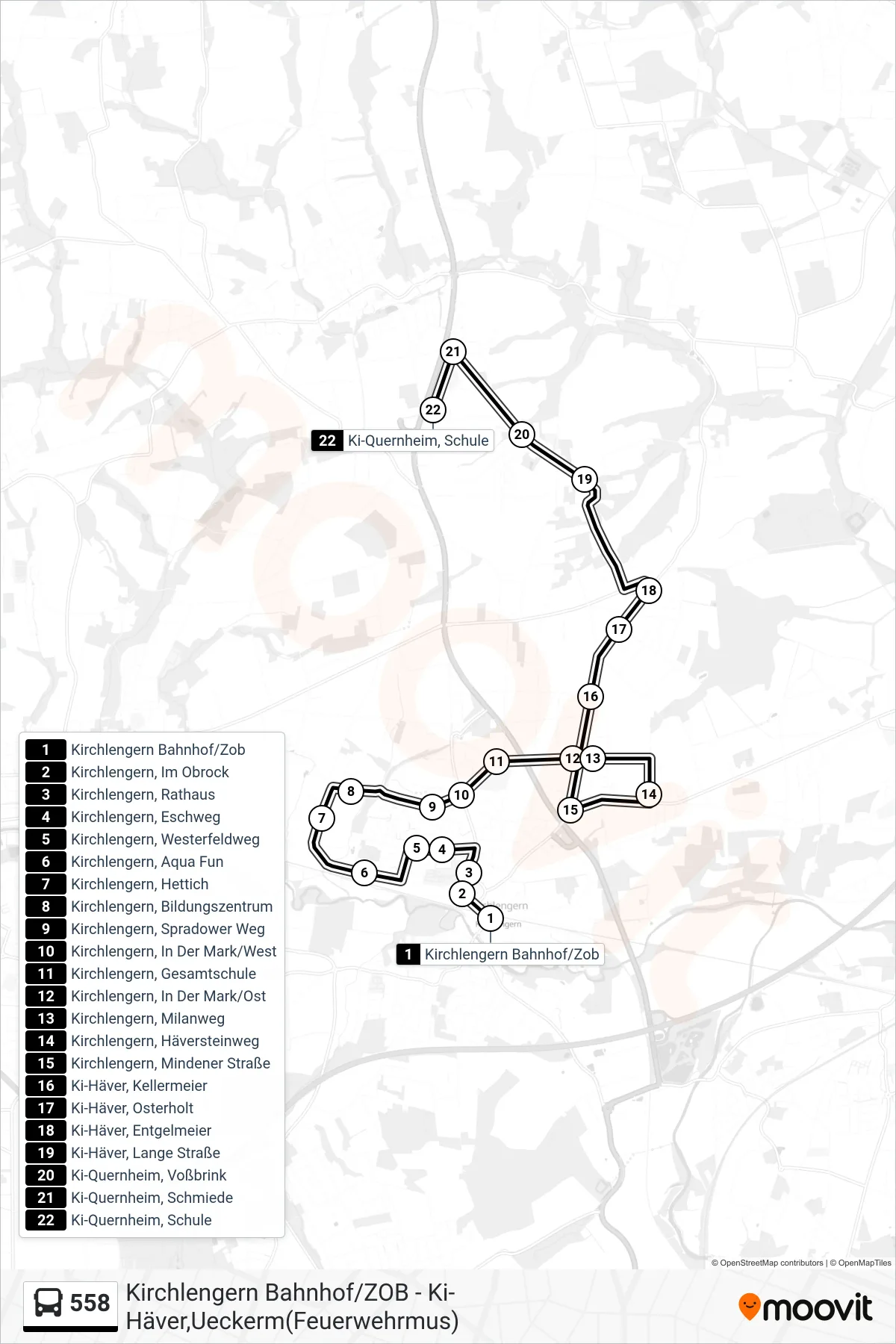558 bus Line (Ki-Quernheim, Schule) route and stops on a map