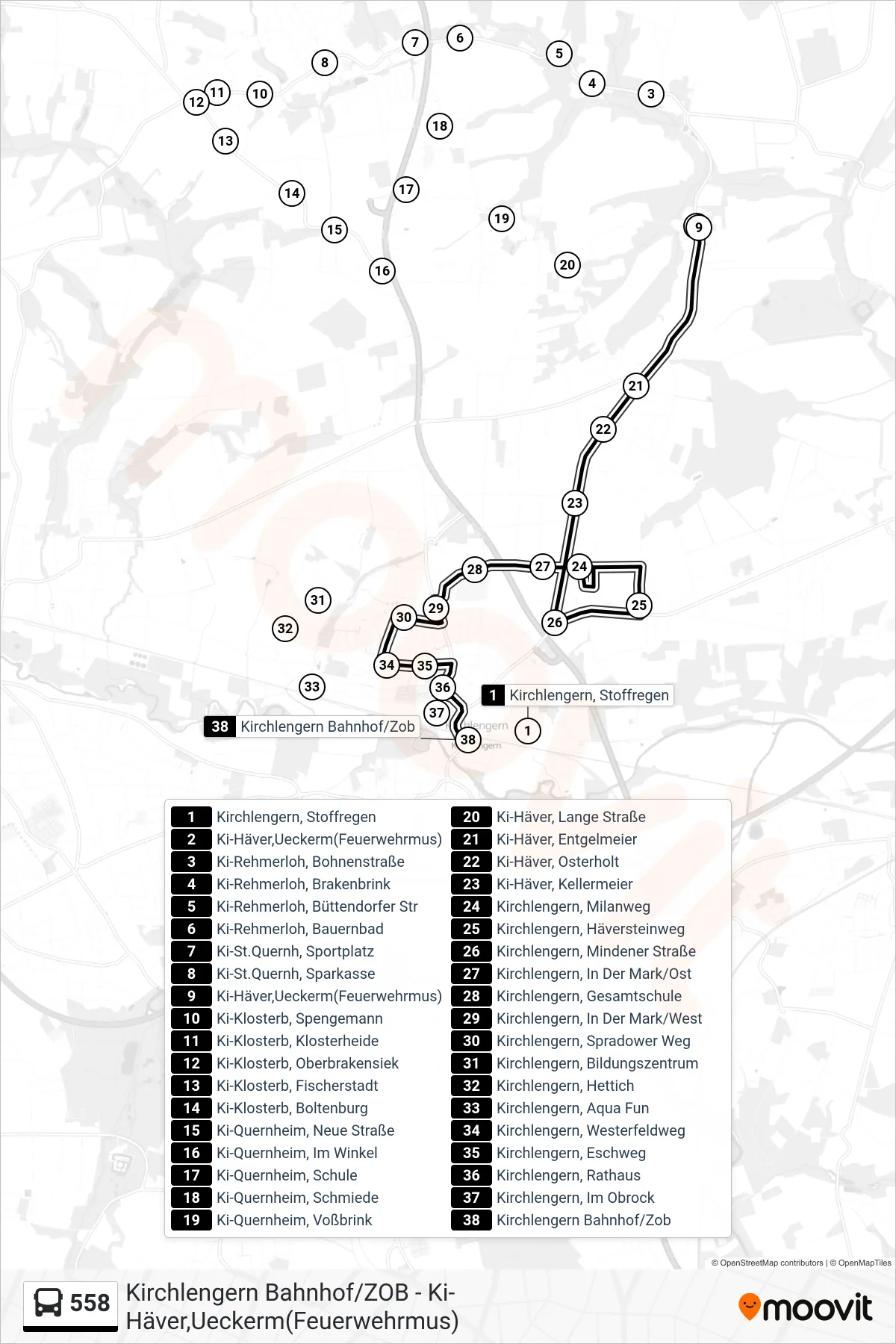 558 bus Line (Kirchlengern Bahnhof/Zob) route and stops on a map