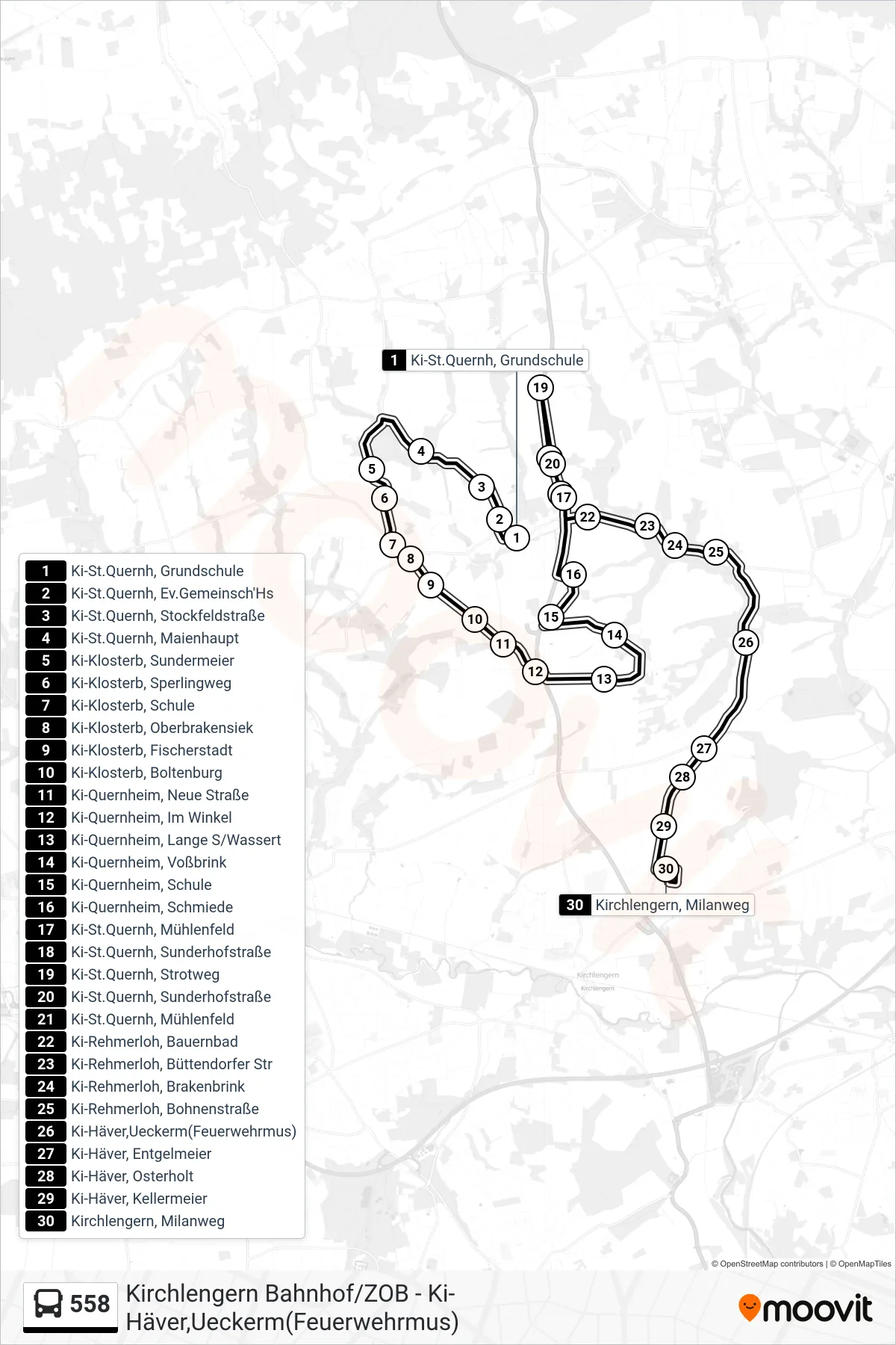 558 bus Line (Kirchlengern, Milanweg) route and stops on a map