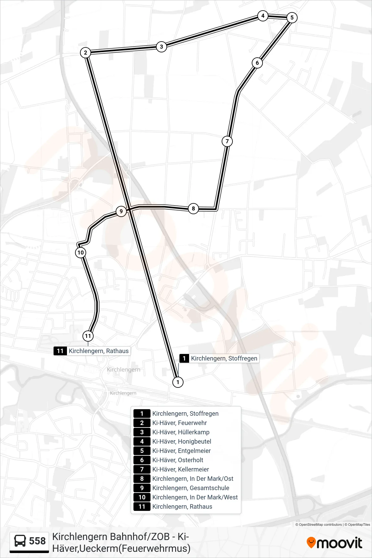 558 bus Line (Kirchlengern, Rathaus) route and stops on a map