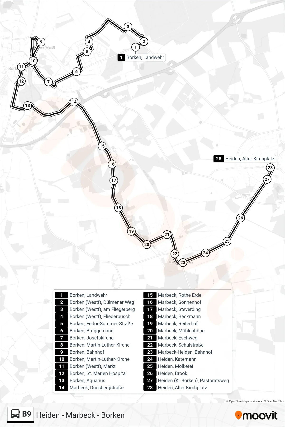 Linie B9 (Tram) Richtung Heiden, Alter Kirchplatz: Route und Haltestellen auf der Karte