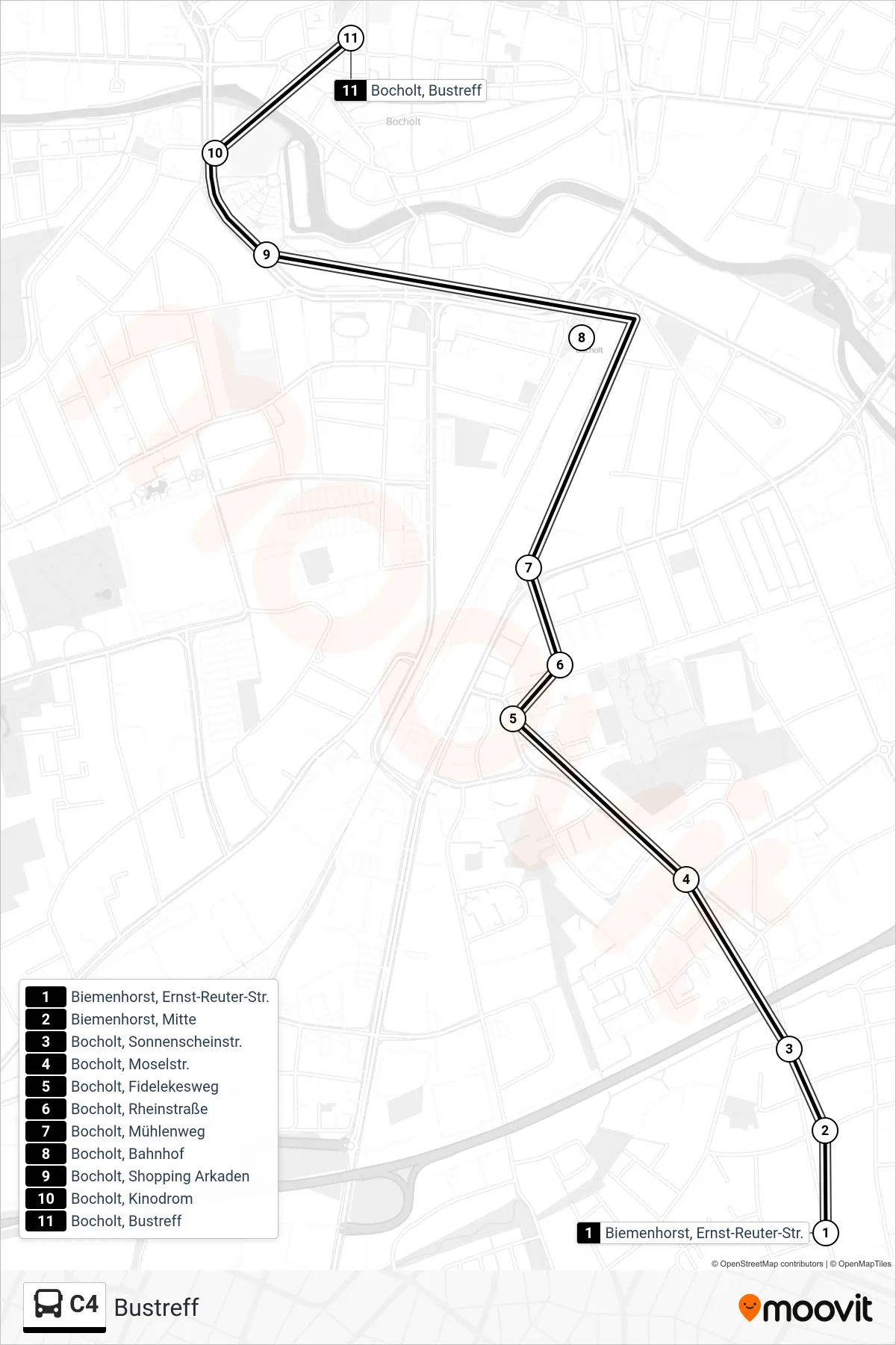 C4 tram Line (Bustreff) route and stops on a map