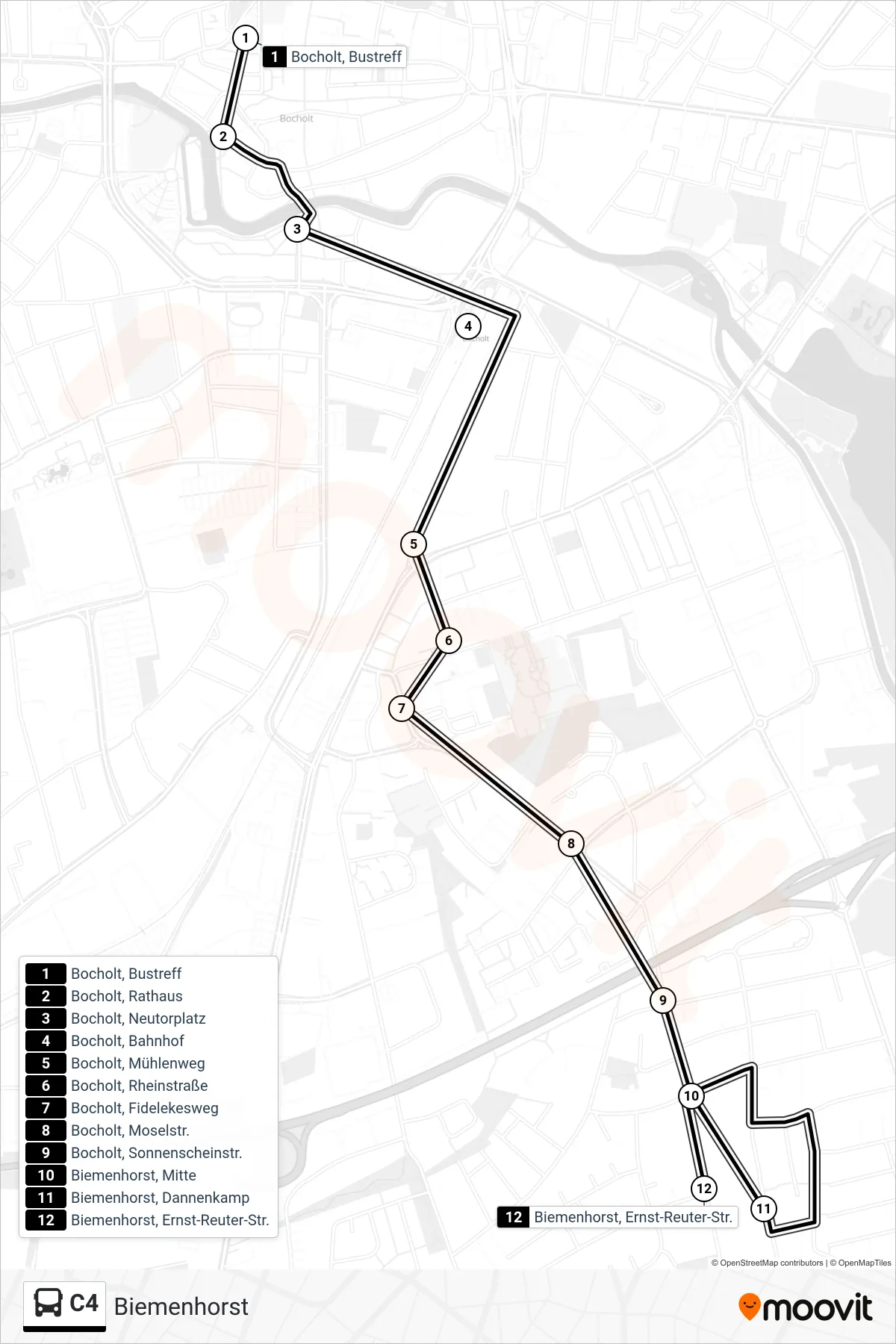C4 tram Line (Biemenhorst) route and stops on a map