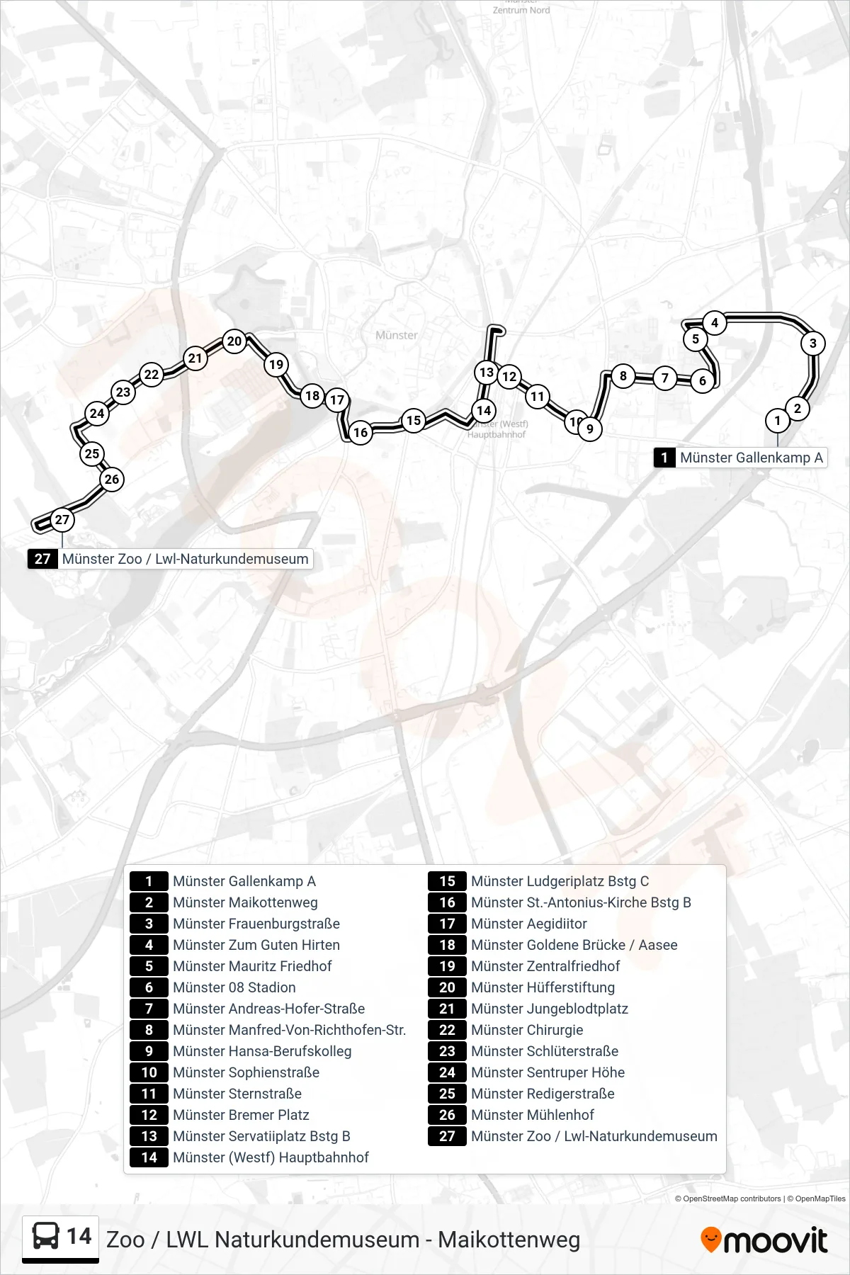 14 bus Line (Zoo/Naturkundemuseum) route and stops on a map