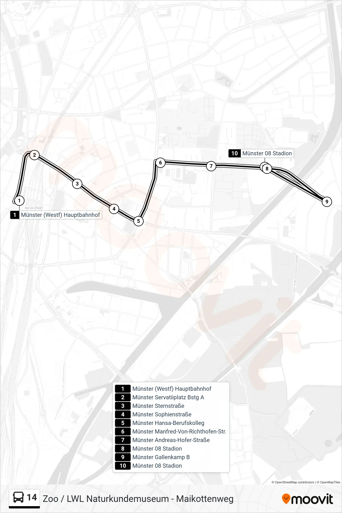 14 bus Line (08-Stadion) route and stops on a map