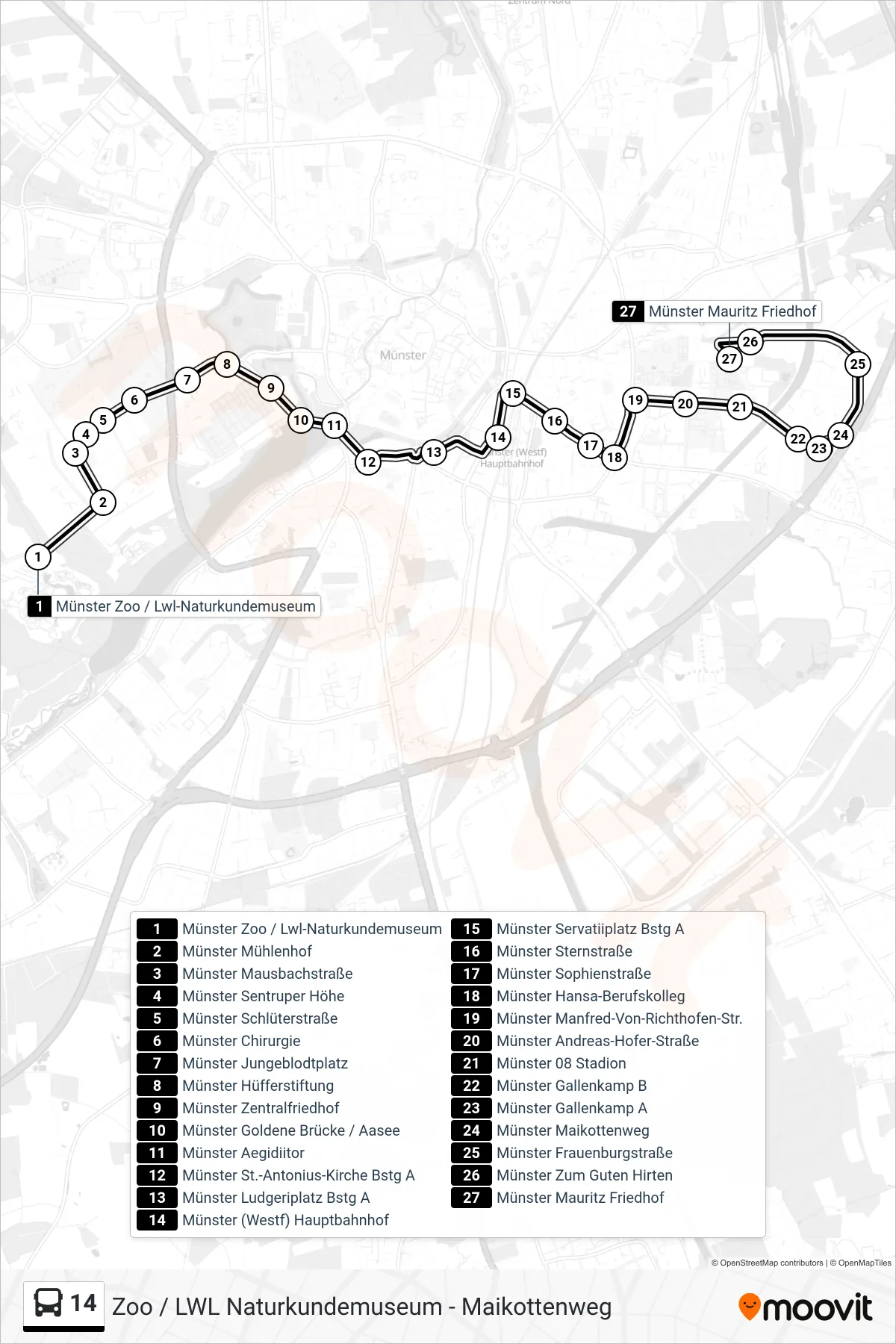 14 bus Line (Mauritz Friedhof) route and stops on a map