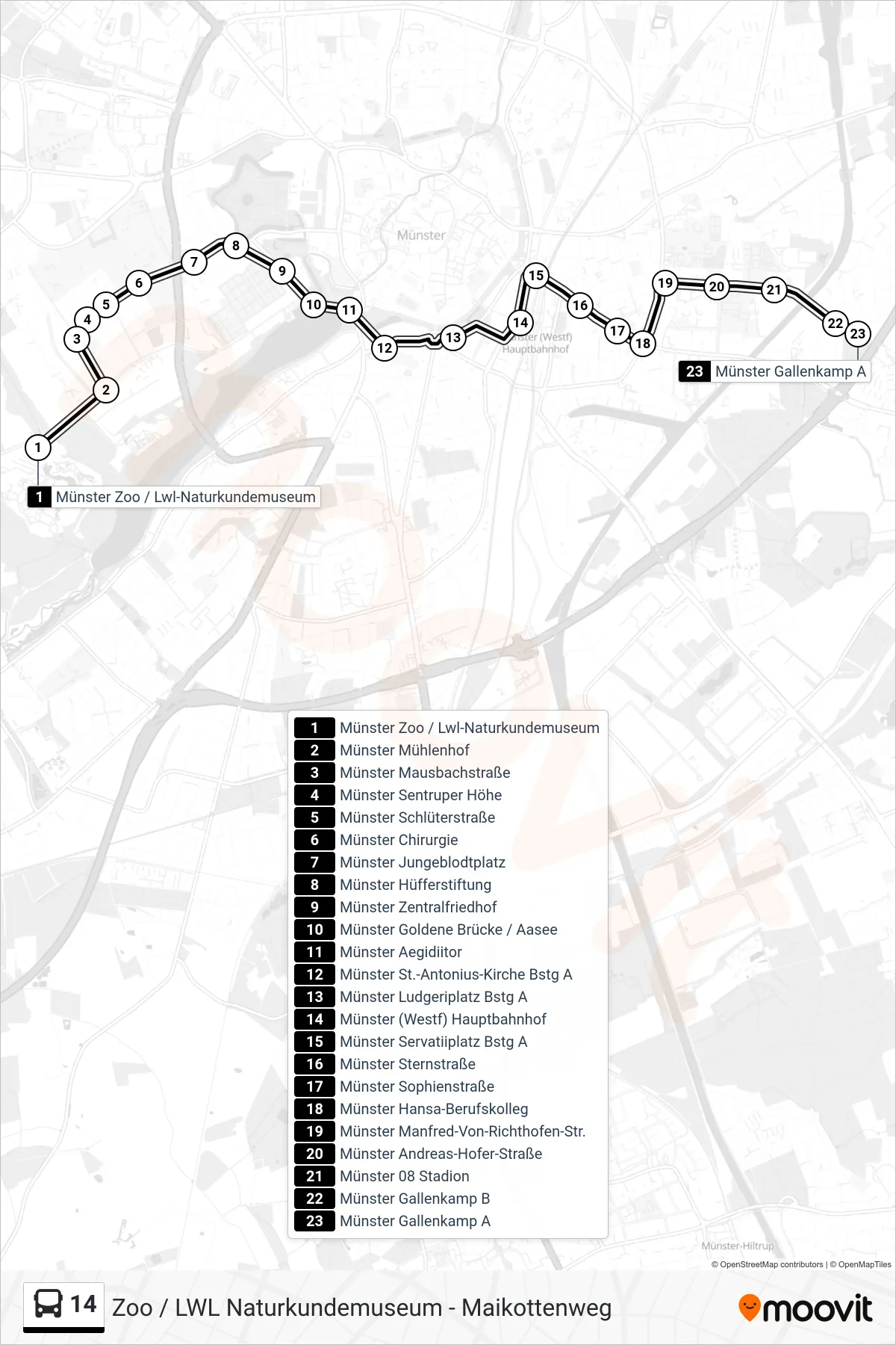 14 bus Line (Gallenkamp) route and stops on a map