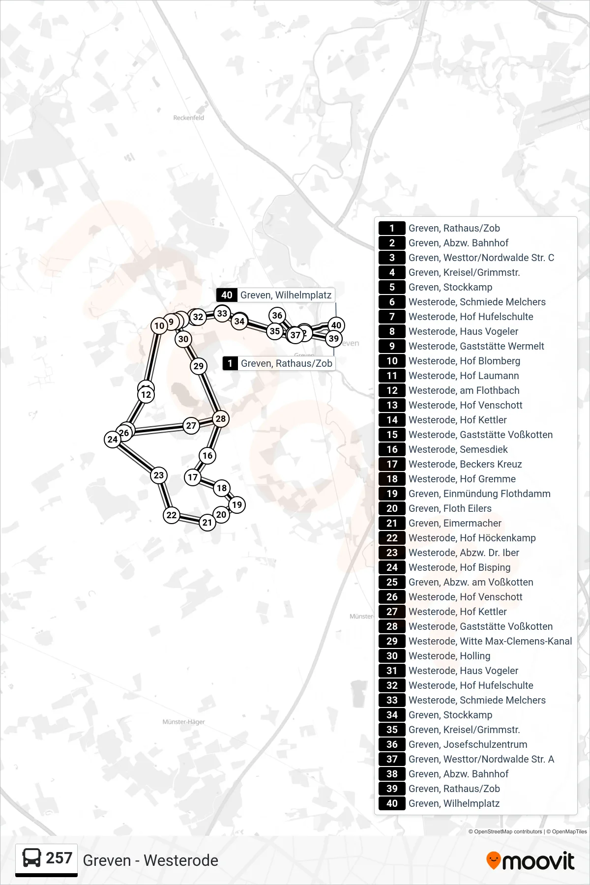 257 bus Line (Greven, Wilhelmplatz) route and stops on a map