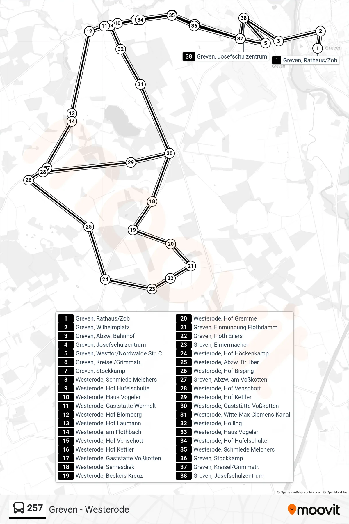 257 bus Line (Greven, Josefschulzentrum) route and stops on a map