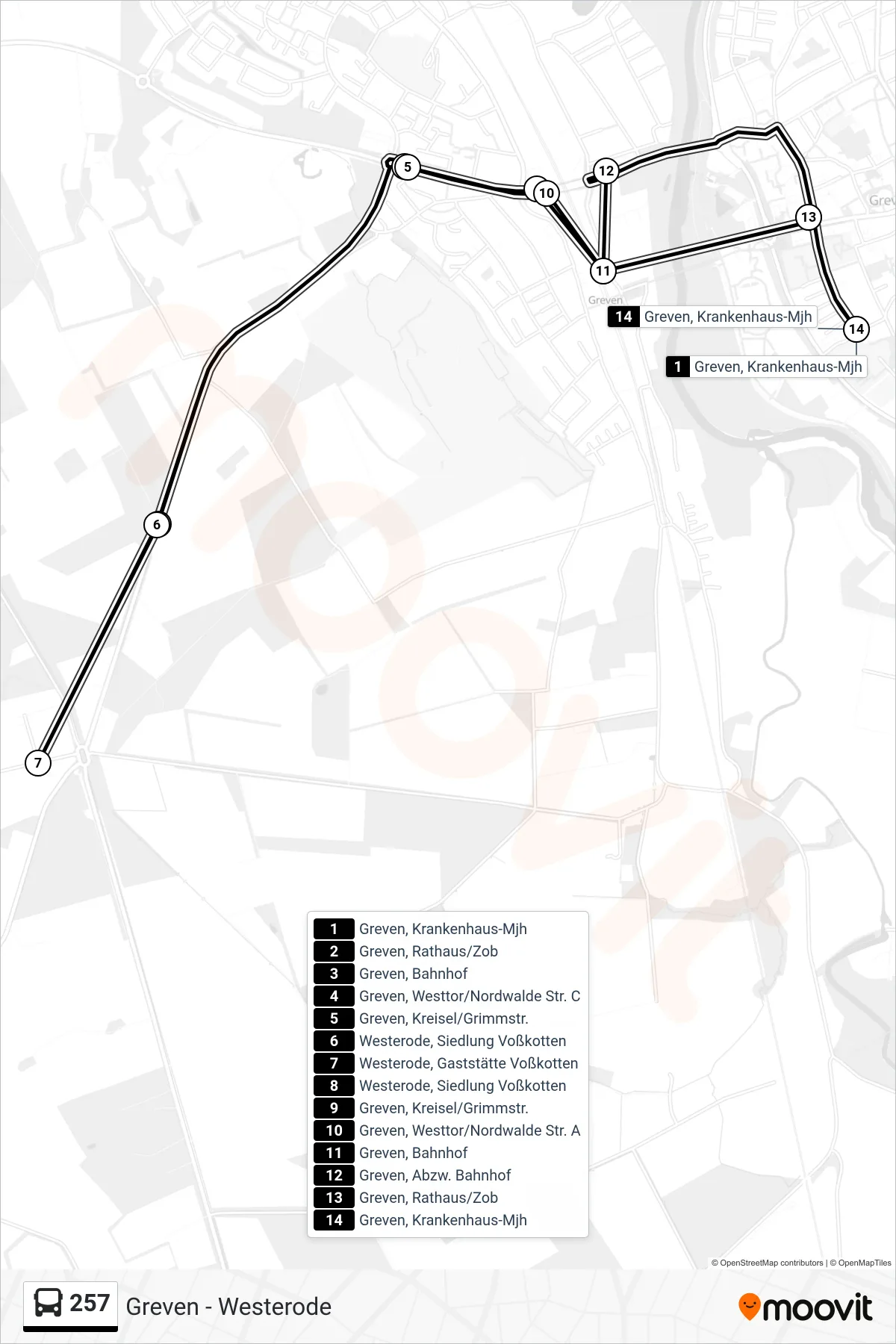257 bus Line (Greven, Krankenhaus-Mjh) route and stops on a map