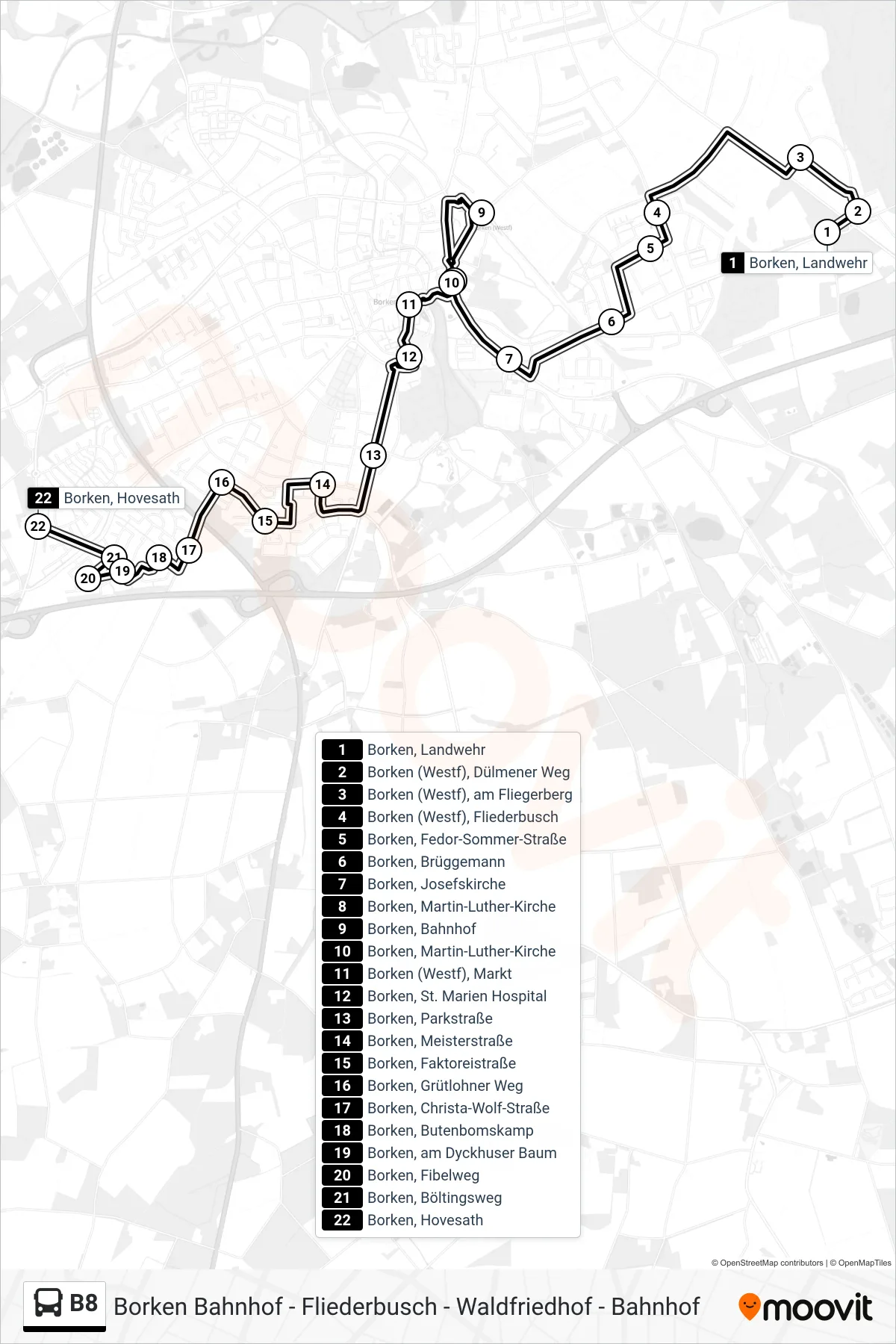 B8 tram Line (Borken, Hovesath) route and stops on a map