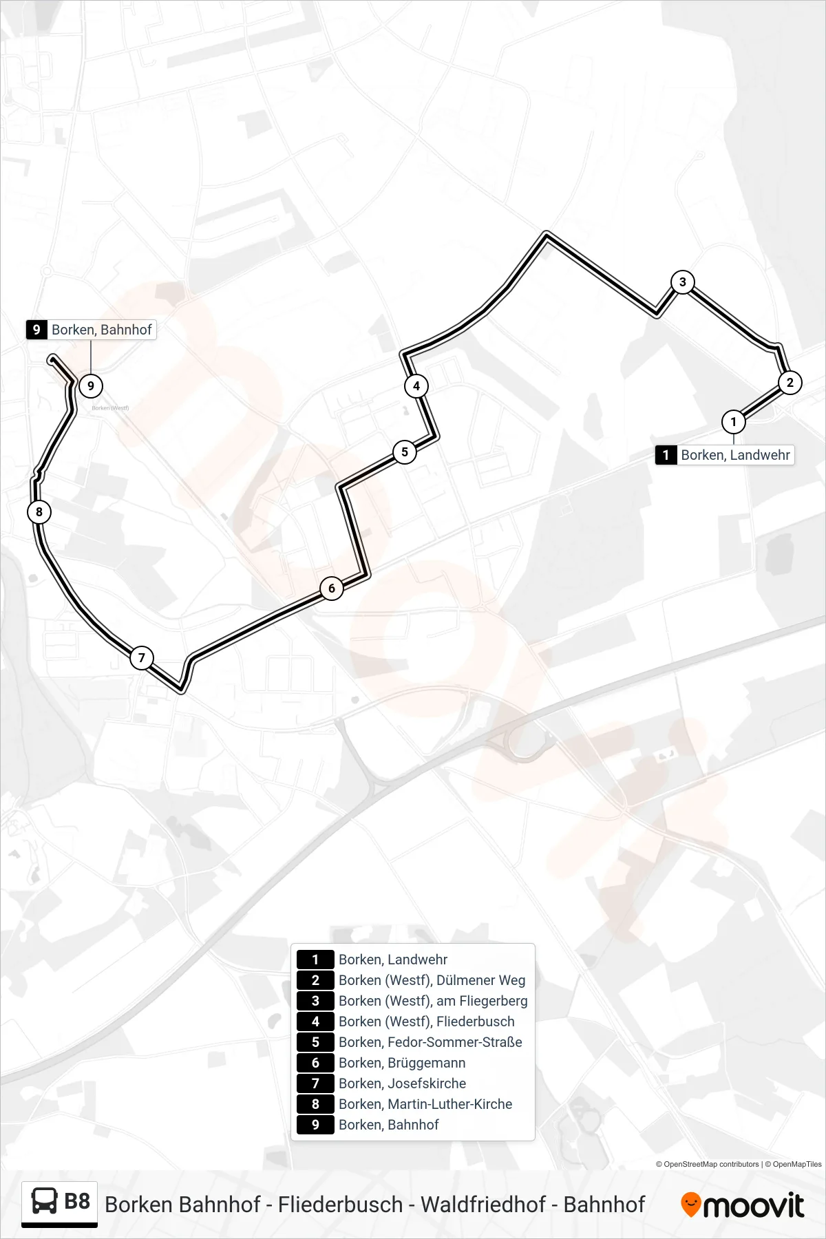 B8 tram Line (Borken, Bahnhof Bstg 7) route and stops on a map