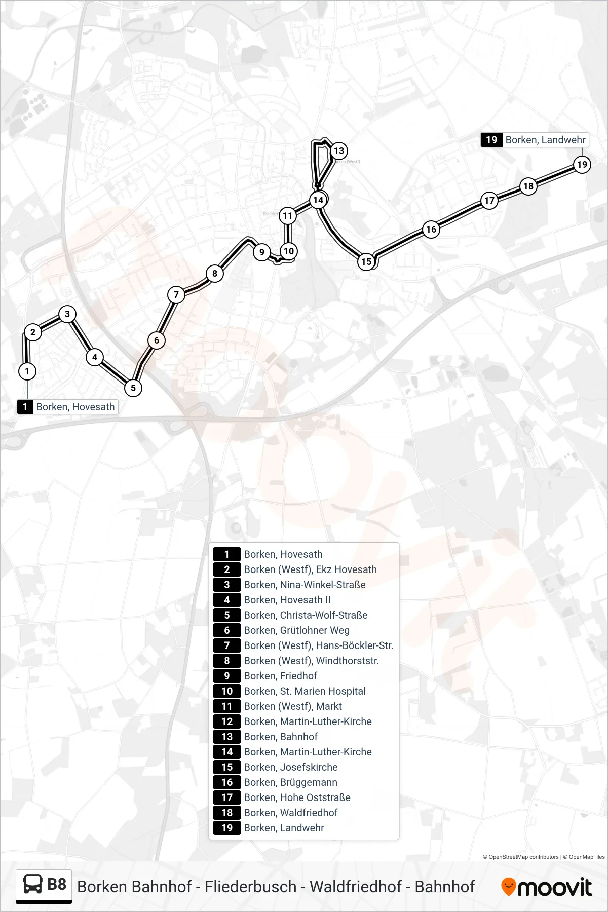 Linie B8 (Tram) Richtung Borken, Landwehr: Route und Haltestellen auf der Karte
