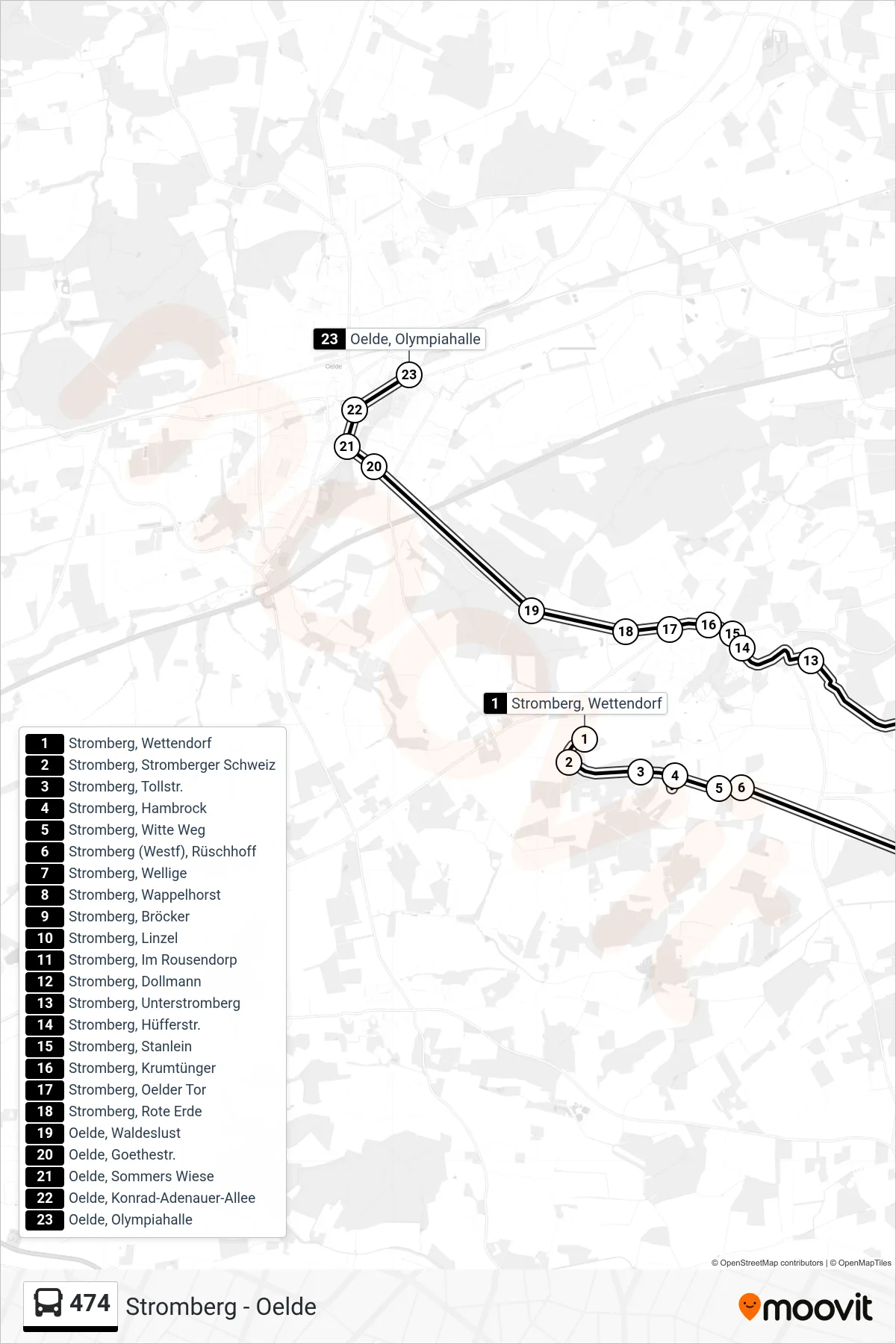 474 bus Line (Oelde, Olympiahalle) route and stops on a map