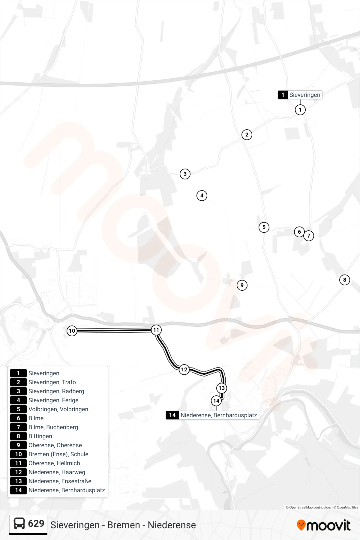 Linie 629 (Bus) Richtung Niederense, Bernhardusplatz: Route und Haltestellen auf der Karte