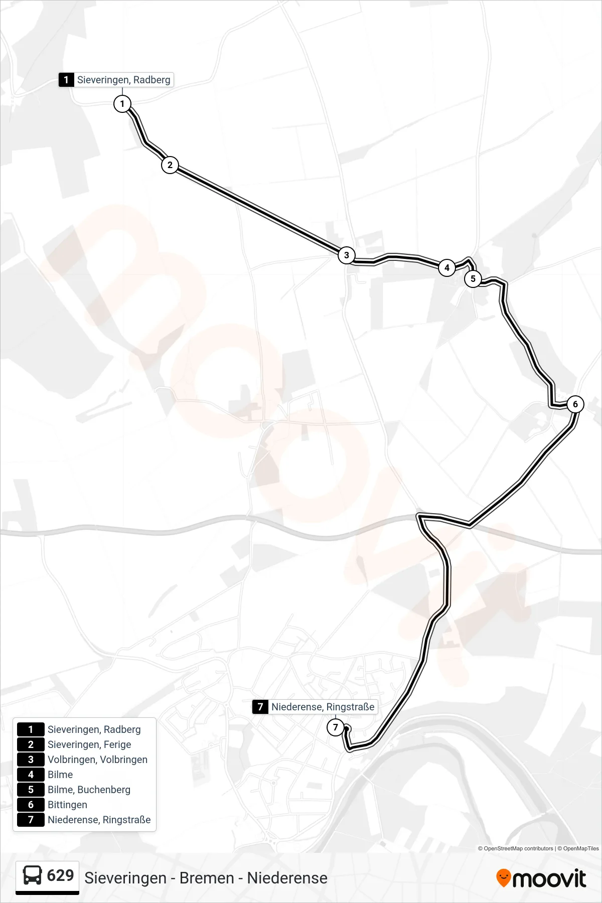 629 bus Line (Niederense, Ringstraße) route and stops on a map