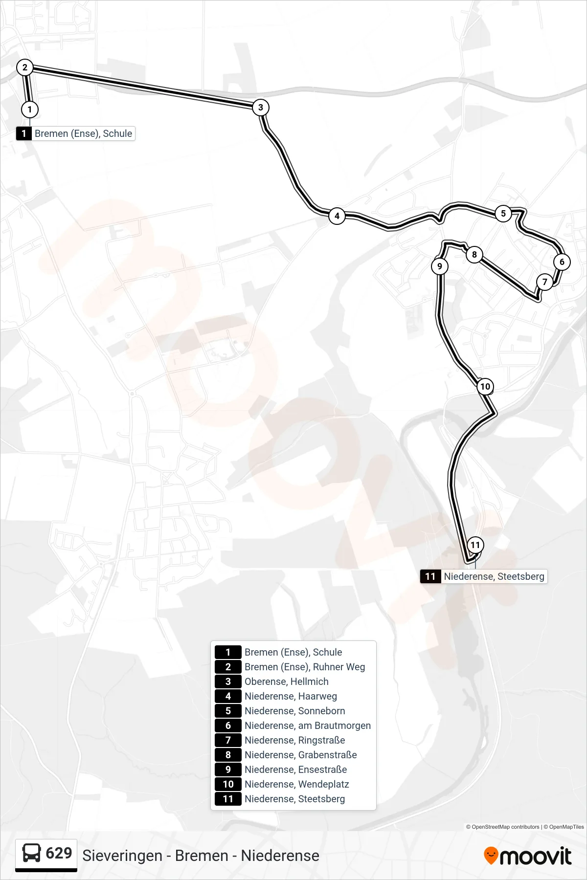 Linie 629 (Bus) Richtung Niederense, Steetsberg: Route und Haltestellen auf der Karte