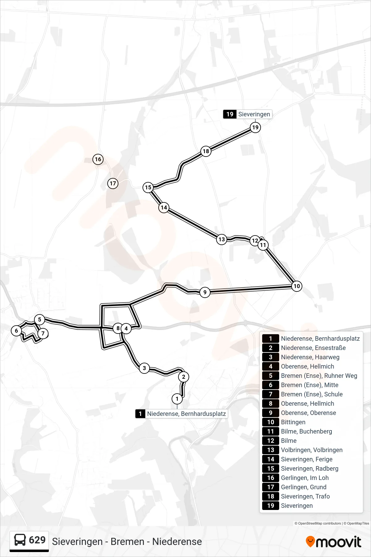 Linie 629 (Bus) Richtung Sieveringen: Route und Haltestellen auf der Karte