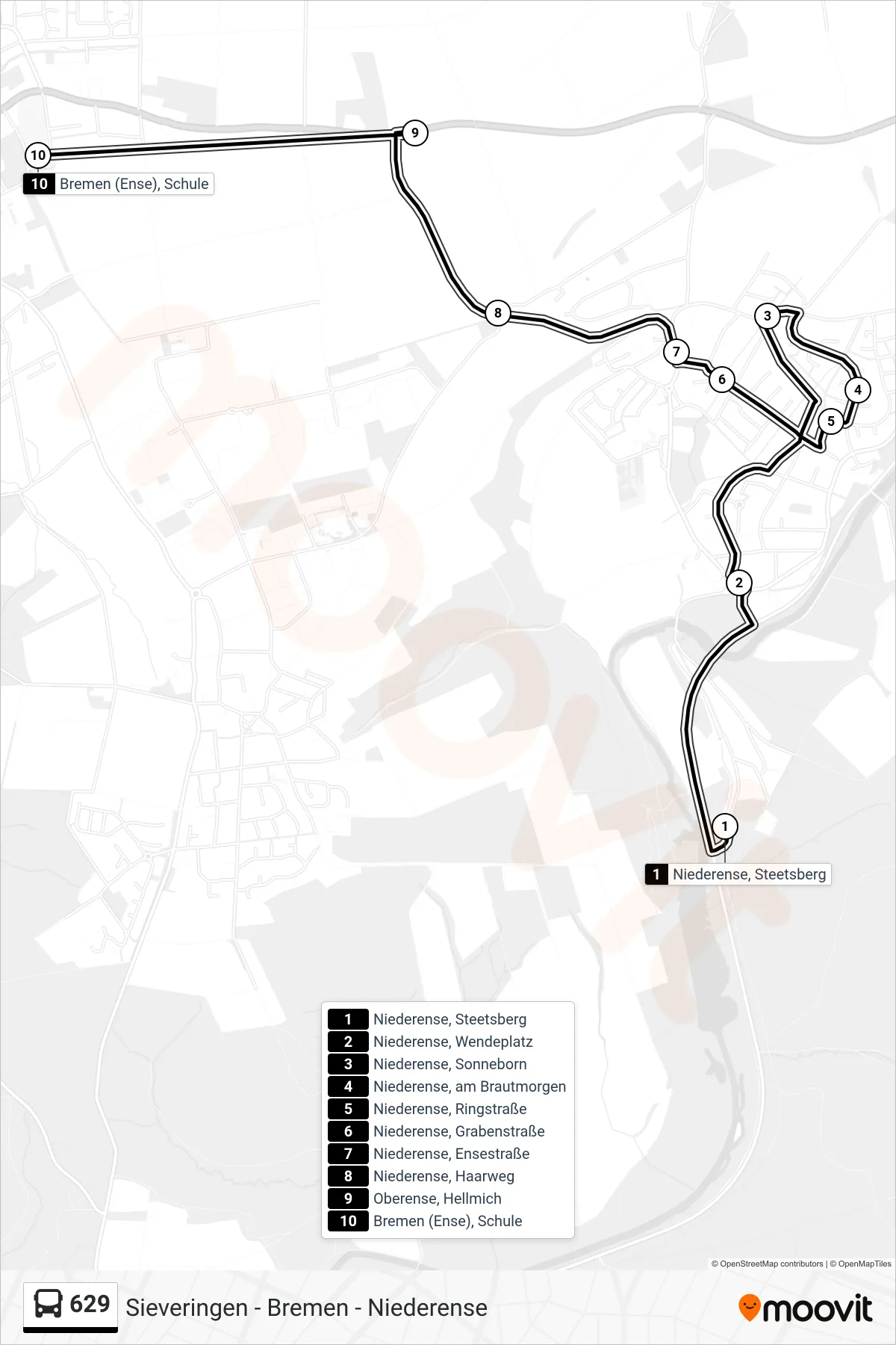 629 bus Line (Bremen (Ense), Schule) route and stops on a map