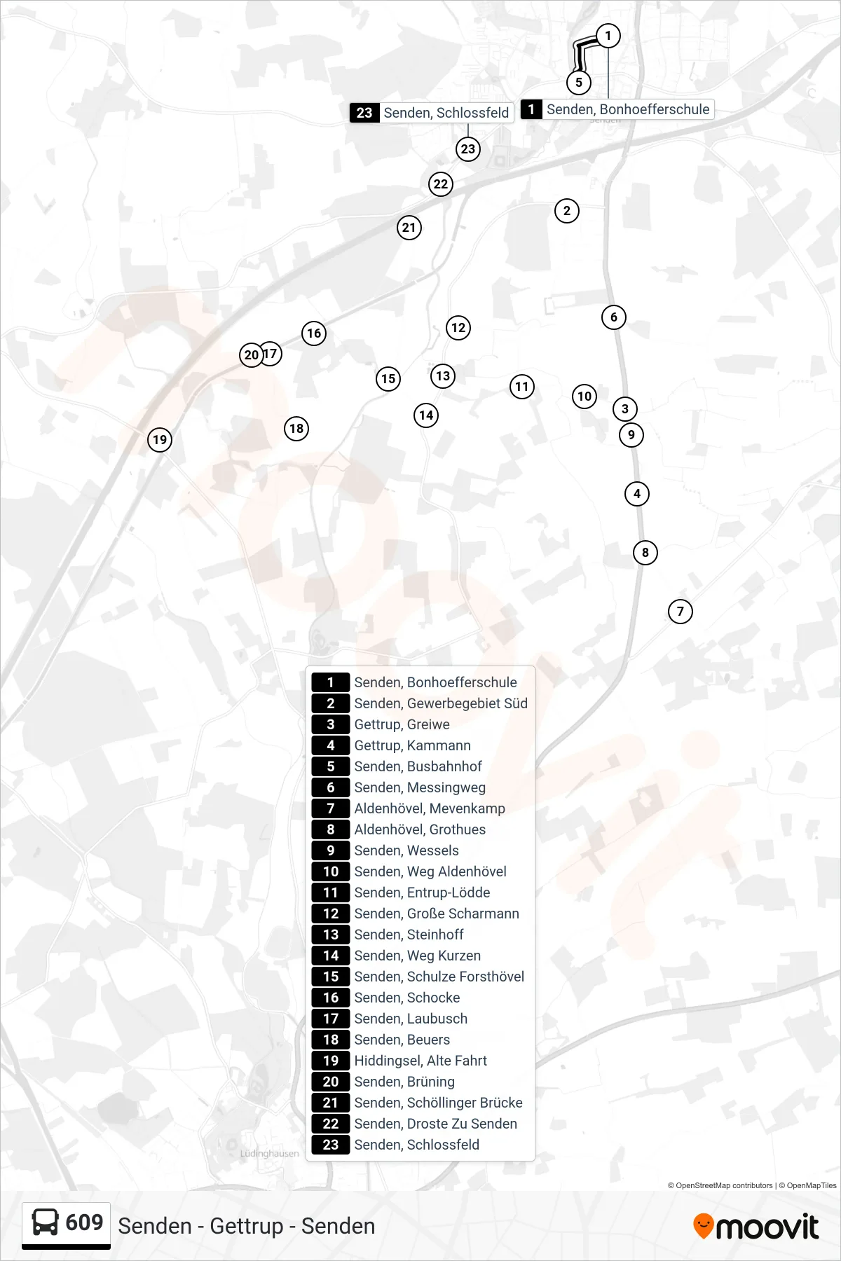Linie 609 (Bus) Richtung Senden, Busbahnhof Bstg D: Route und Haltestellen auf der Karte