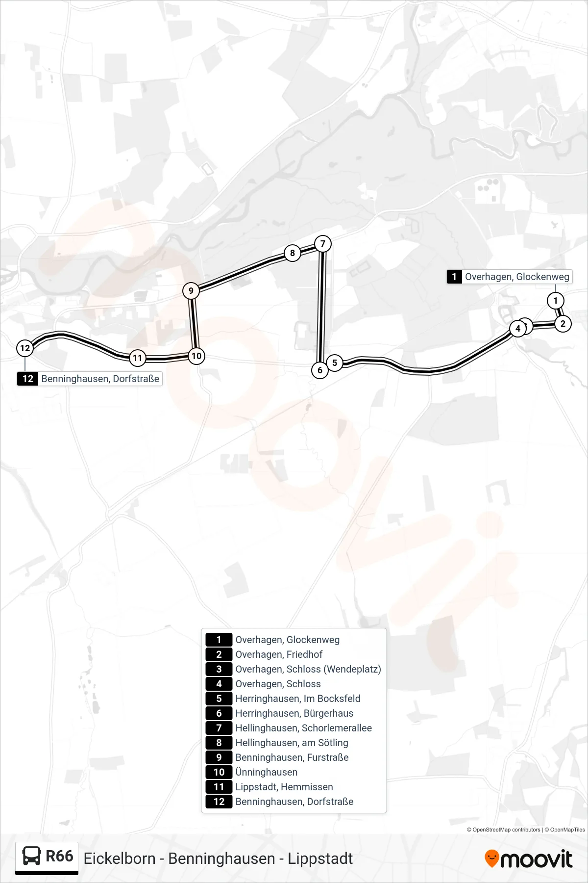 R66 bus Line (Benninghausen, Dorfstraße) route and stops on a map