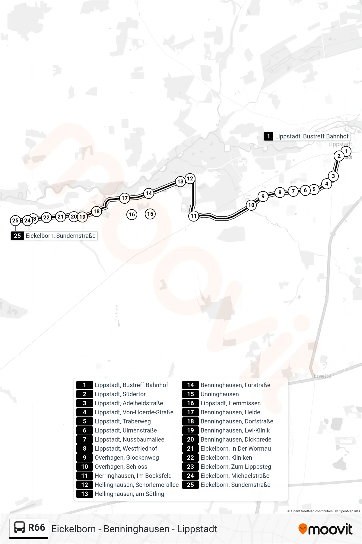 R66 bus Line (Eickelborn, Sundernstraße) route and stops on a map
