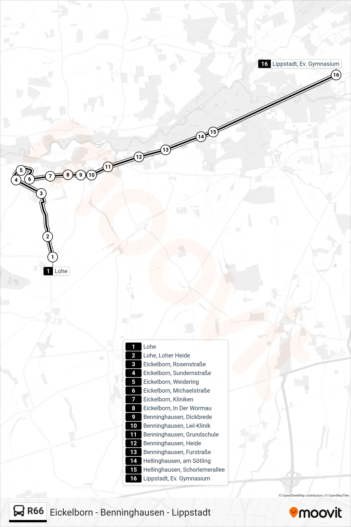 R66 bus Line (Lippstadt, Ev. Gymnasium) route and stops on a map