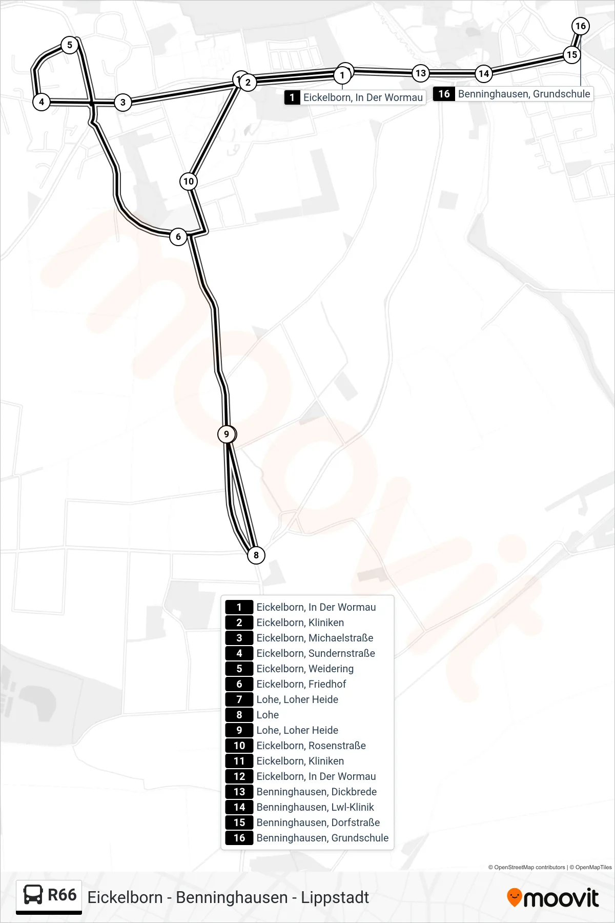 R66 bus Line (Benninghausen, Grundschule) route and stops on a map