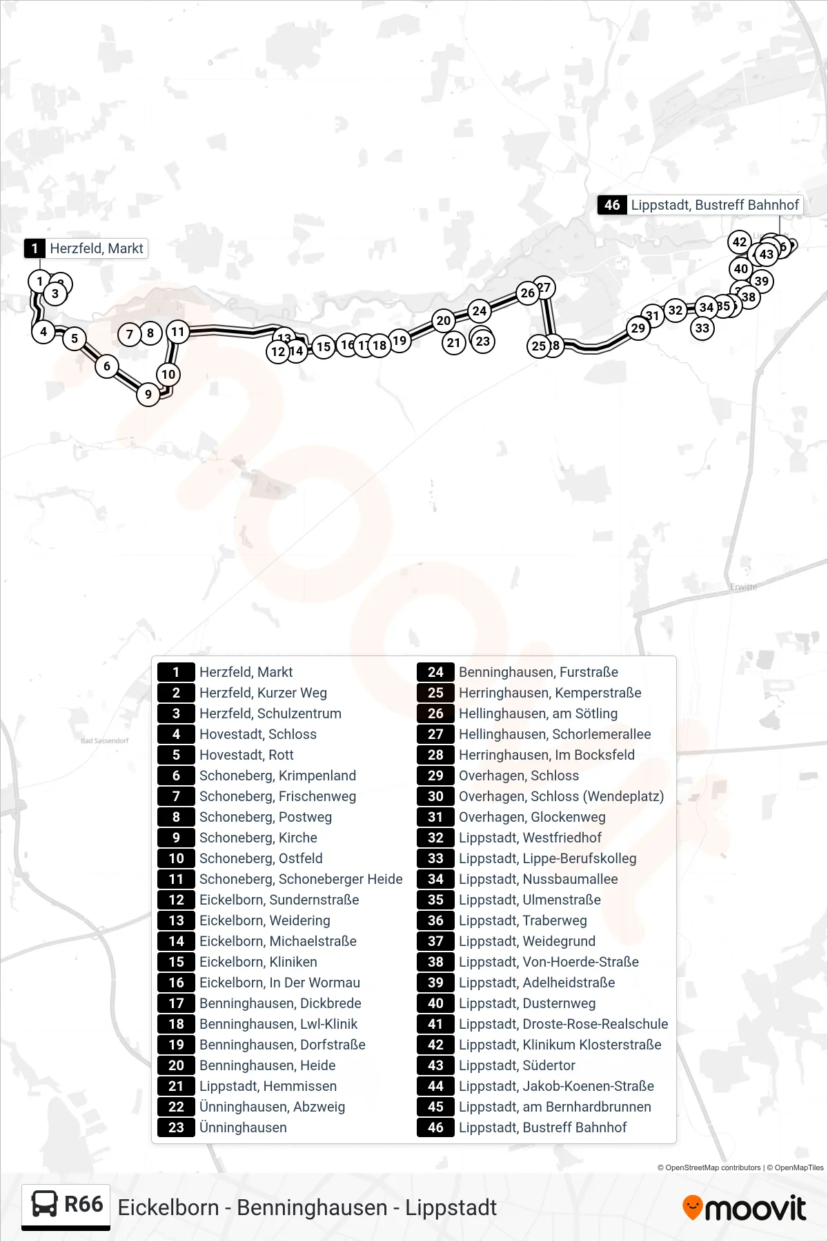 R66 bus Line (Lippstadt, Bustreff Bahnhof C) route and stops on a map