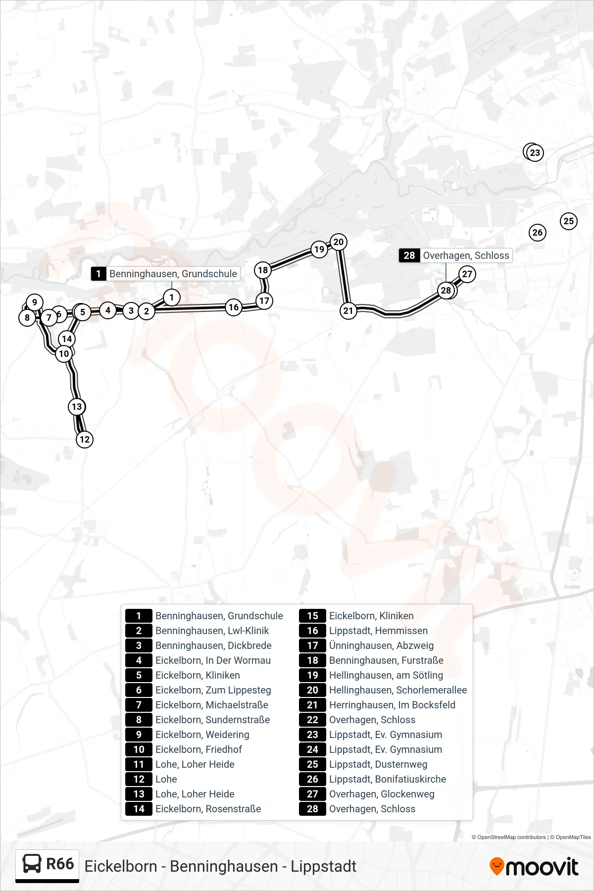 R66 bus Line (Overhagen, Schloss) route and stops on a map