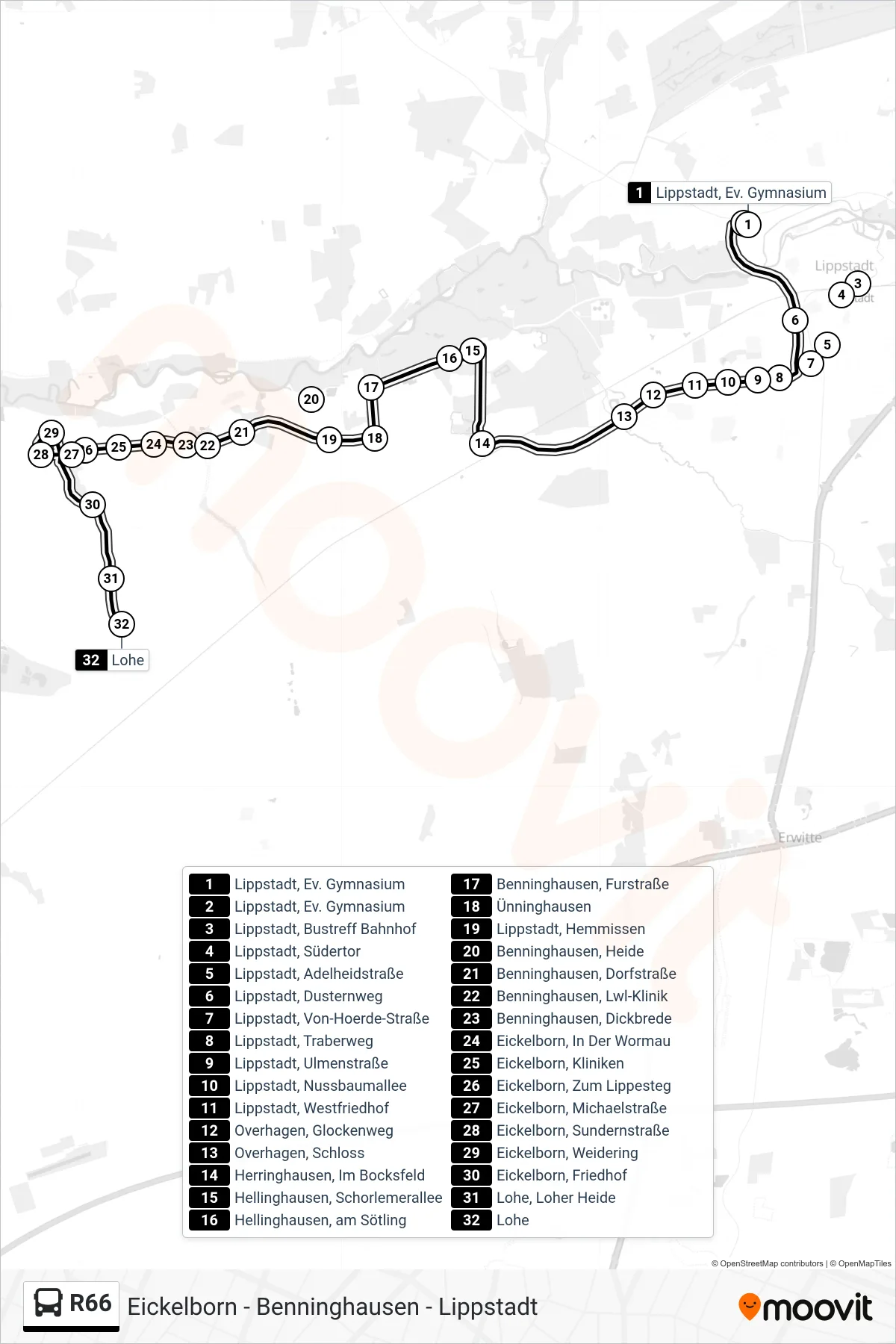 R66 bus Line (Lohe) route and stops on a map