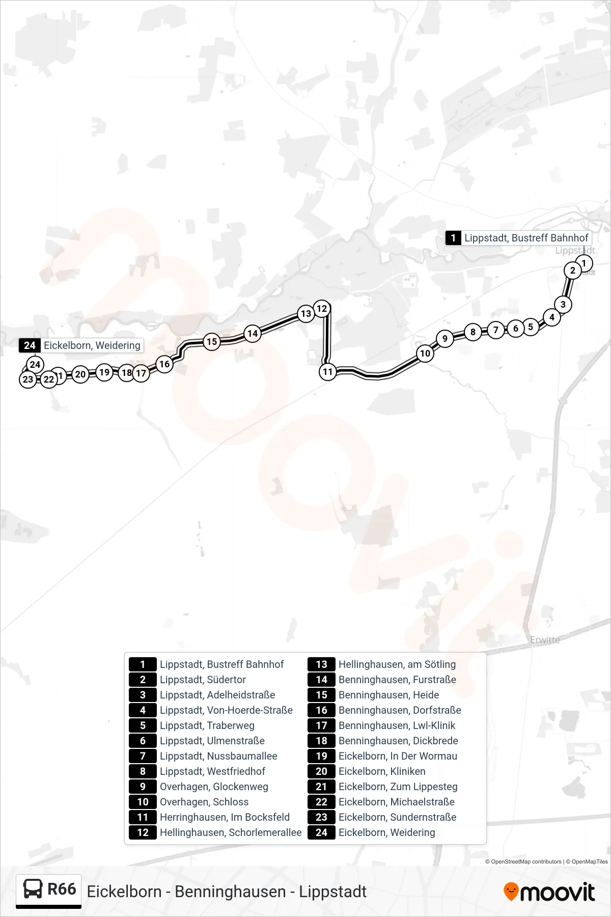 R66 bus Line (Eickelborn, Weidering) route and stops on a map