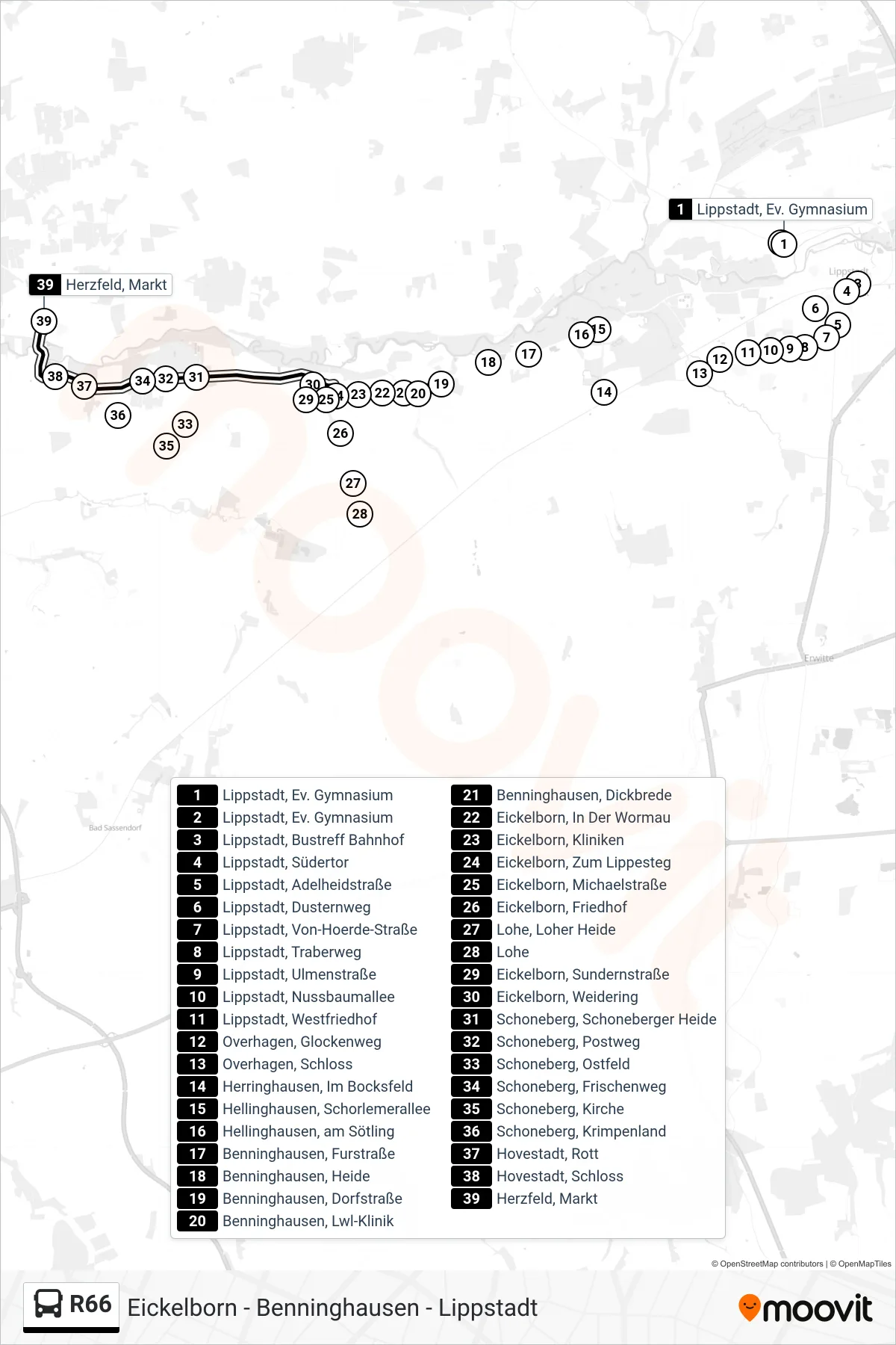 R66 bus Line (Herzfeld, Markt) route and stops on a map