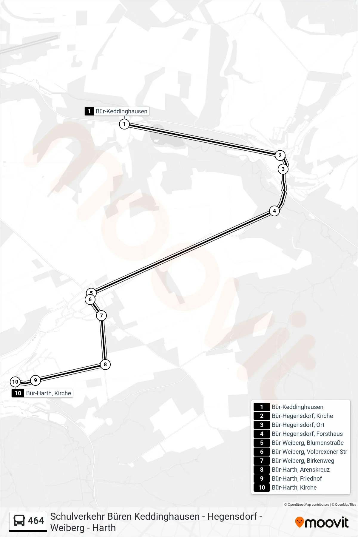 464 bus Line (Bür-Harth, Kirche) route and stops on a map