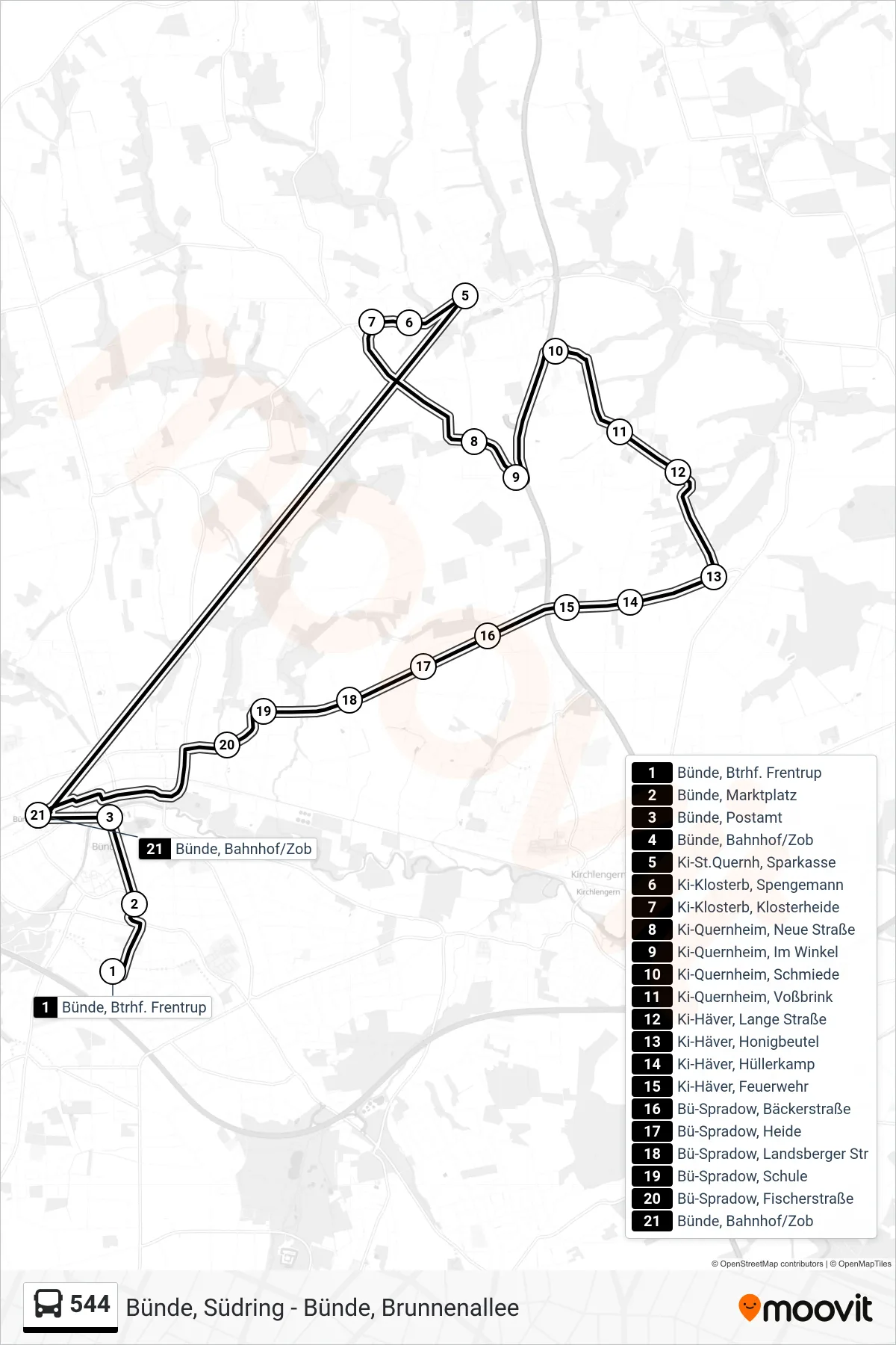 544 bus Line (Bünde, Bahnhof/Zob 4) route and stops on a map