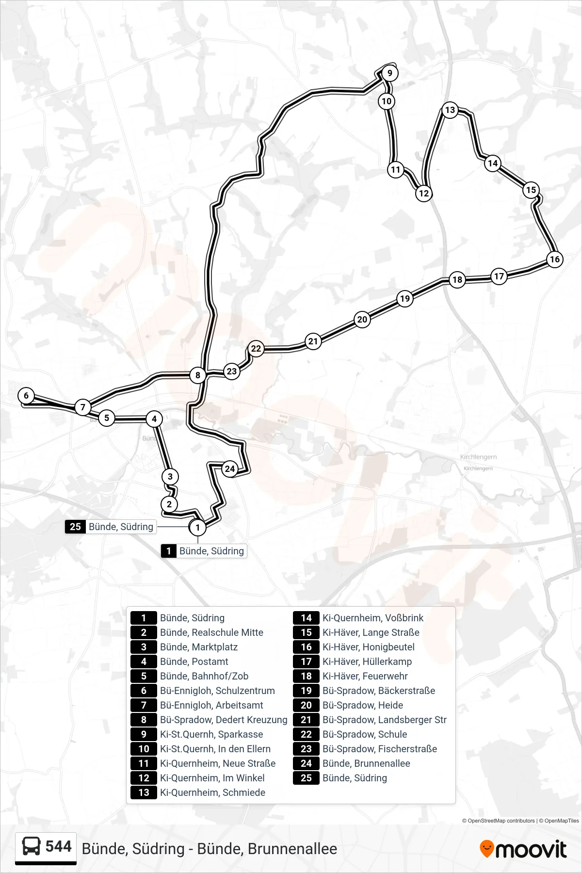 544 bus Line (Bünde, Südring) route and stops on a map