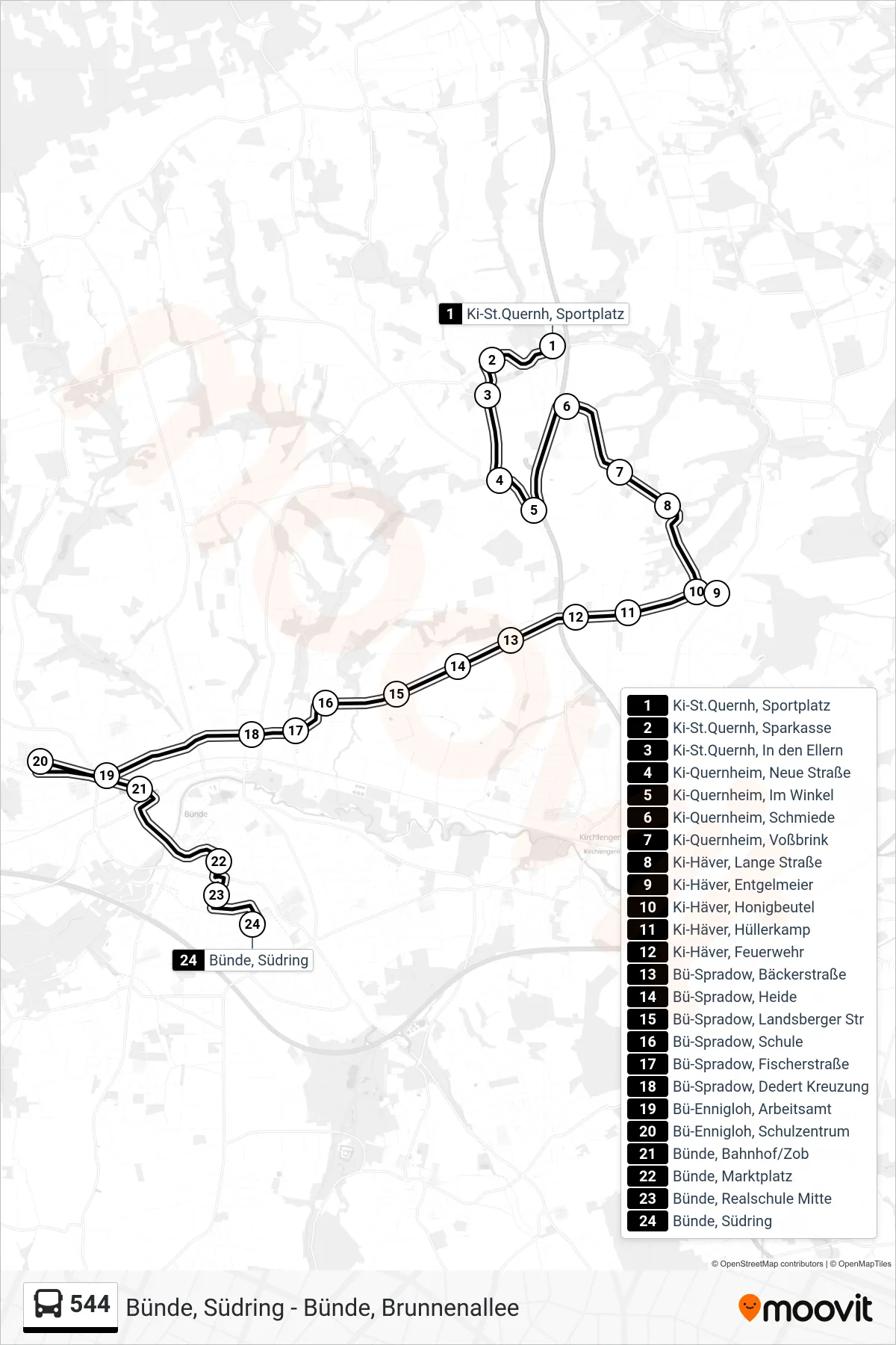 544 bus Line (Bünde Südring Üb. Sz Nord - Bahnhof) route and stops on a map