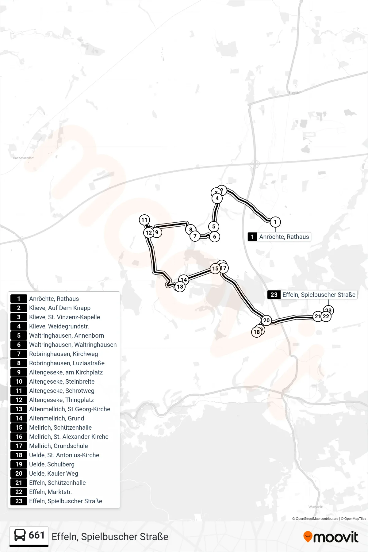 661 bus Line (Effeln, Spielbuscher Straße) route and stops on a map