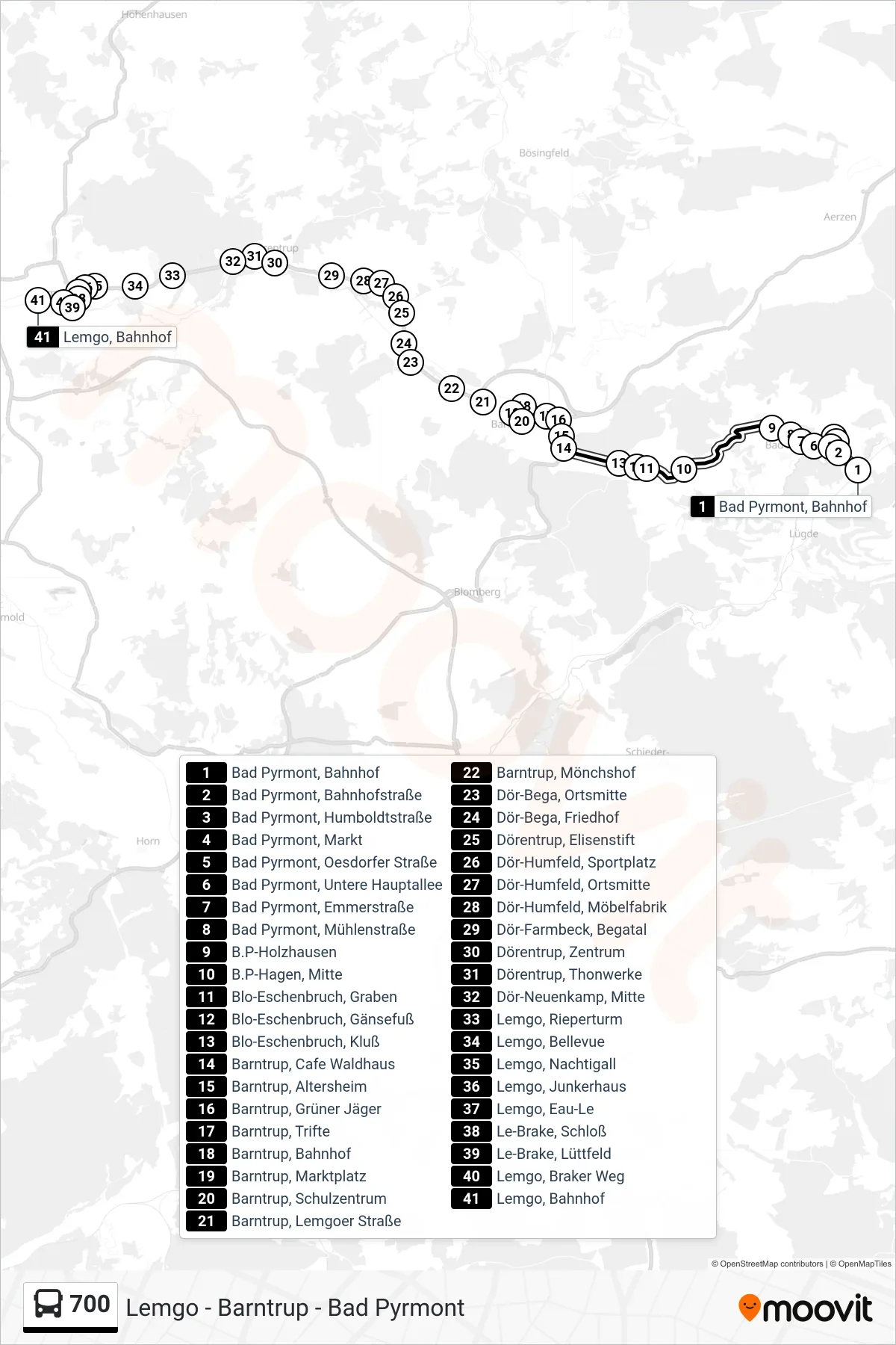 Linie 700 (Bus) Richtung Barntrup: Route und Haltestellen auf der Karte