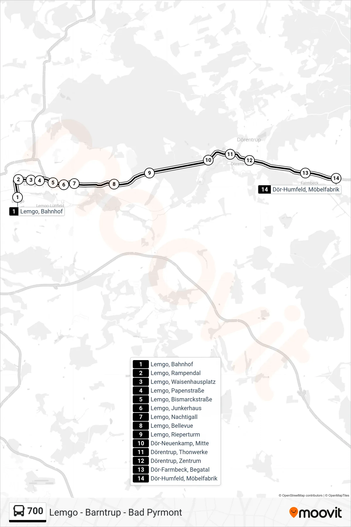700 bus Line (Dörentrup) route and stops on a map