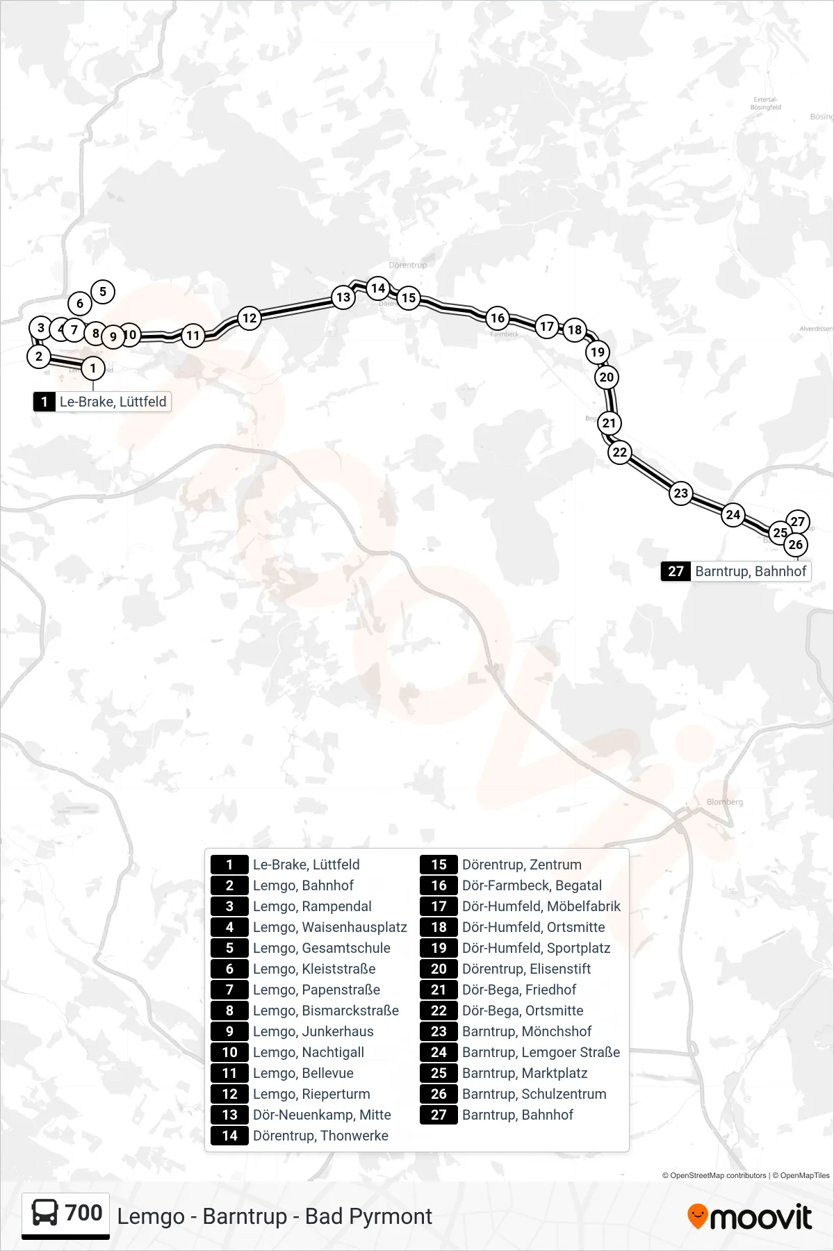 700 bus Line (Barntrup) route and stops on a map