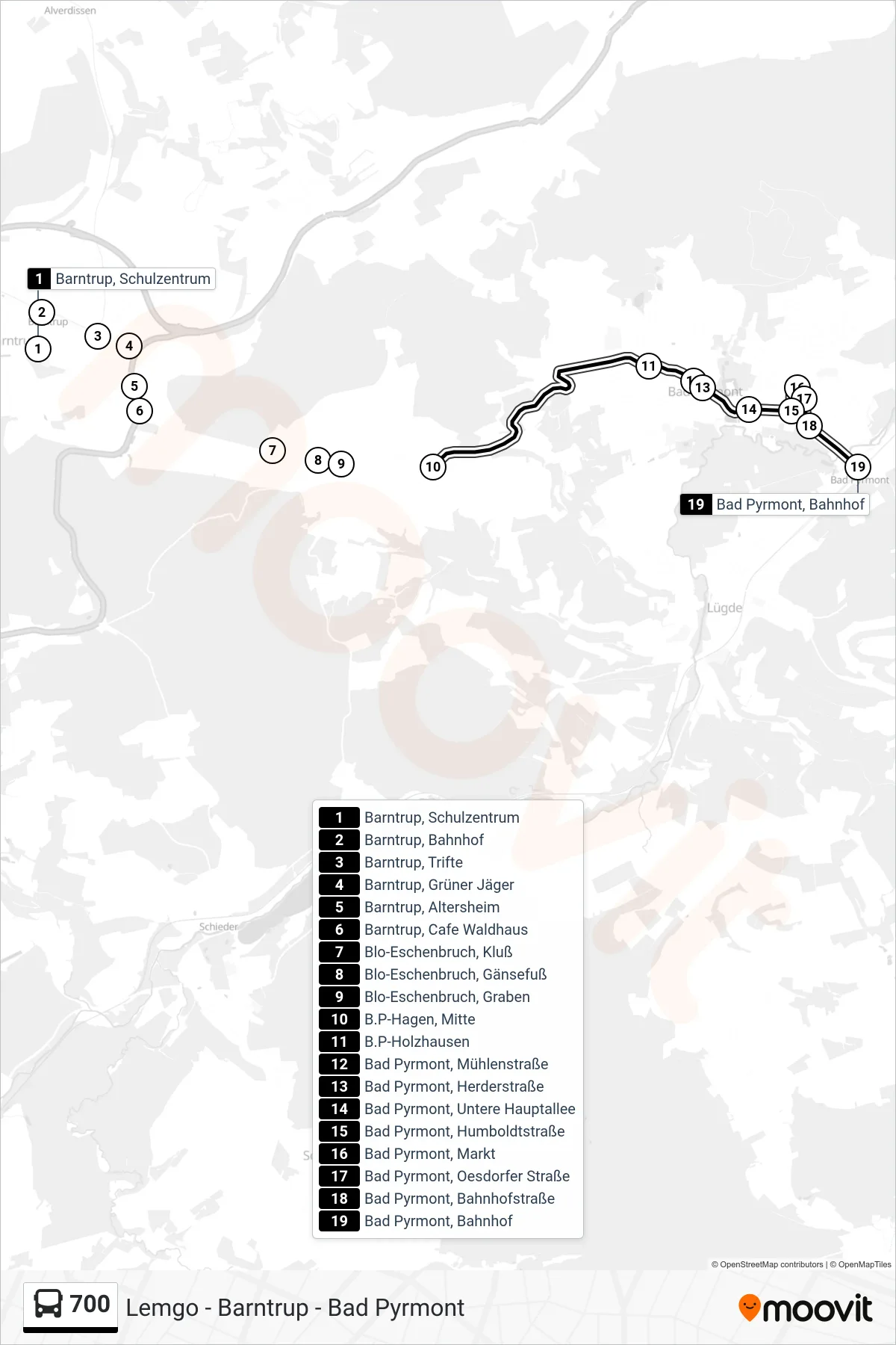 700 bus Line (Bad Pyrmont) route and stops on a map