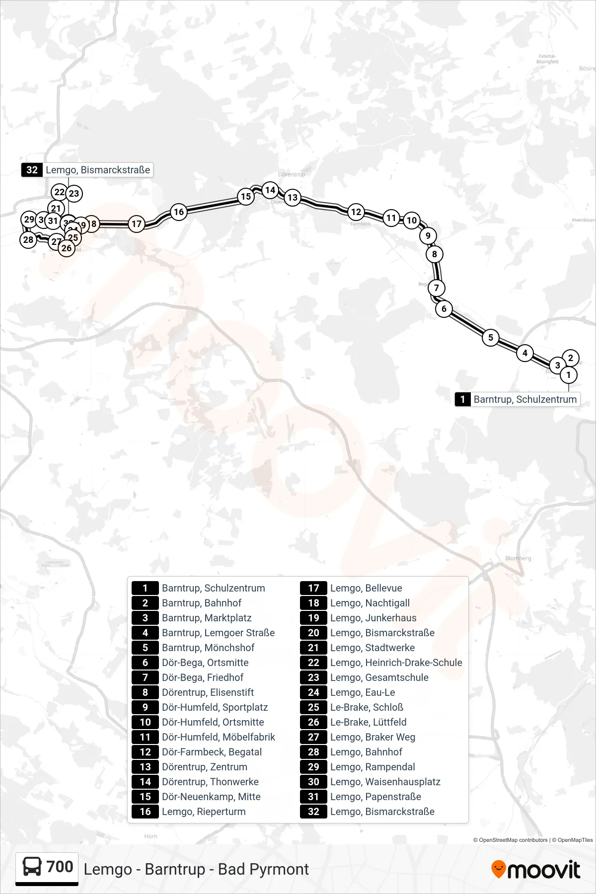 700 bus Line (Lemgo) route and stops on a map