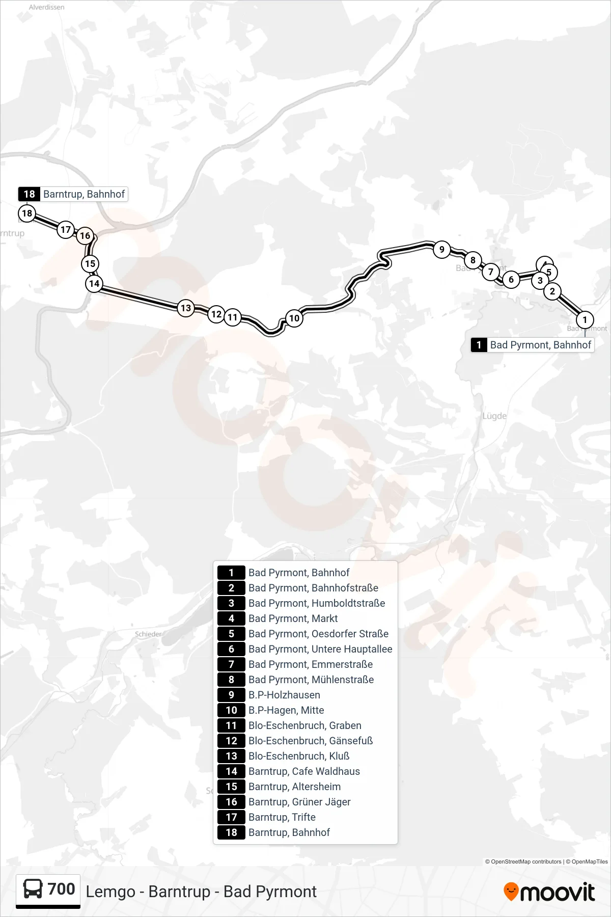 700 bus Line (Barntrup, Bahnhof) route and stops on a map