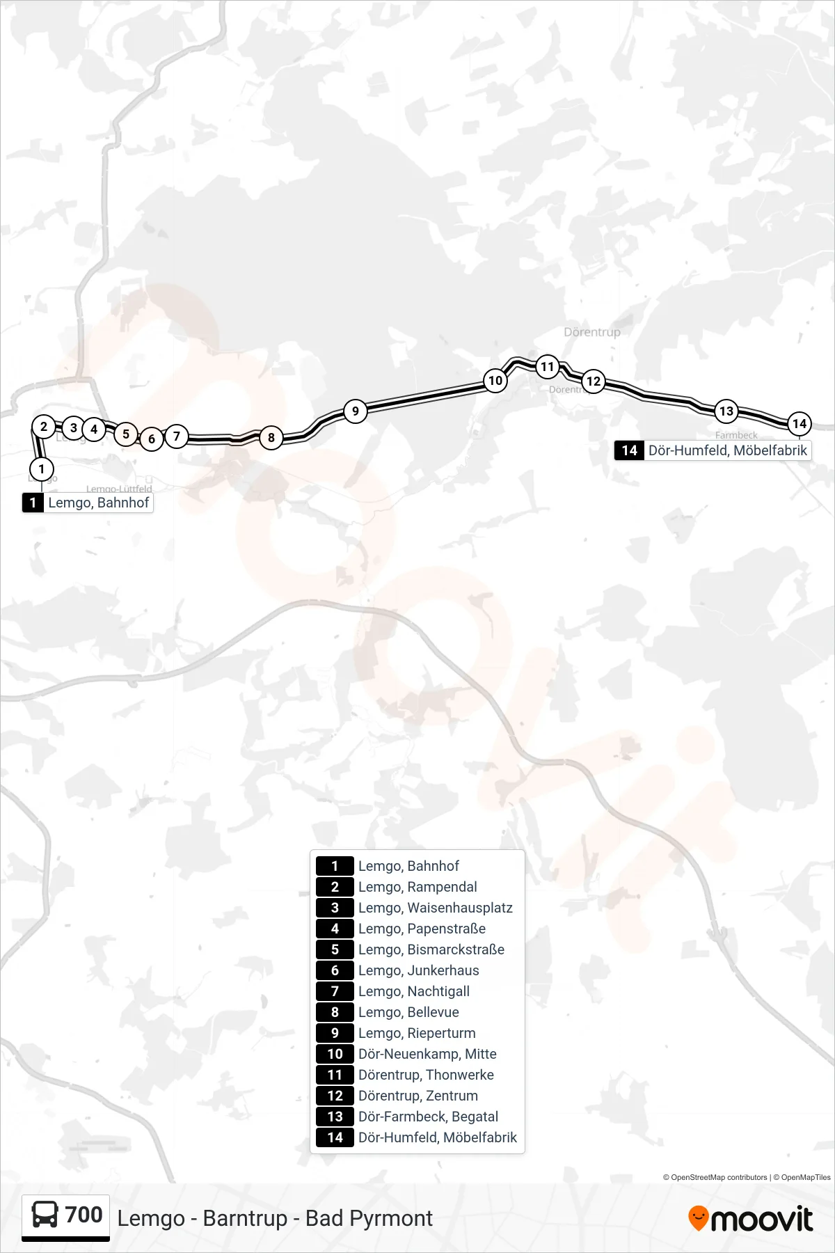 700 bus Line (Dör-Humfeld, Möbelfabrik) route and stops on a map