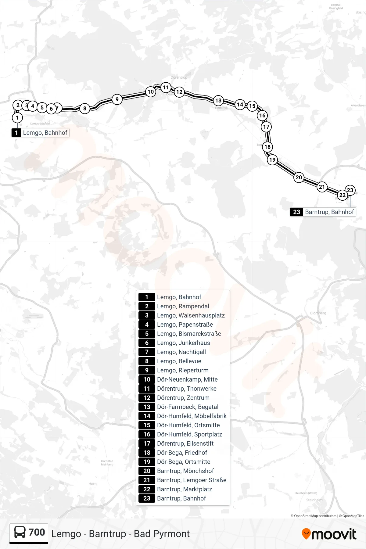 700 bus Line (Barntrup, Bahnhof) route and stops on a map