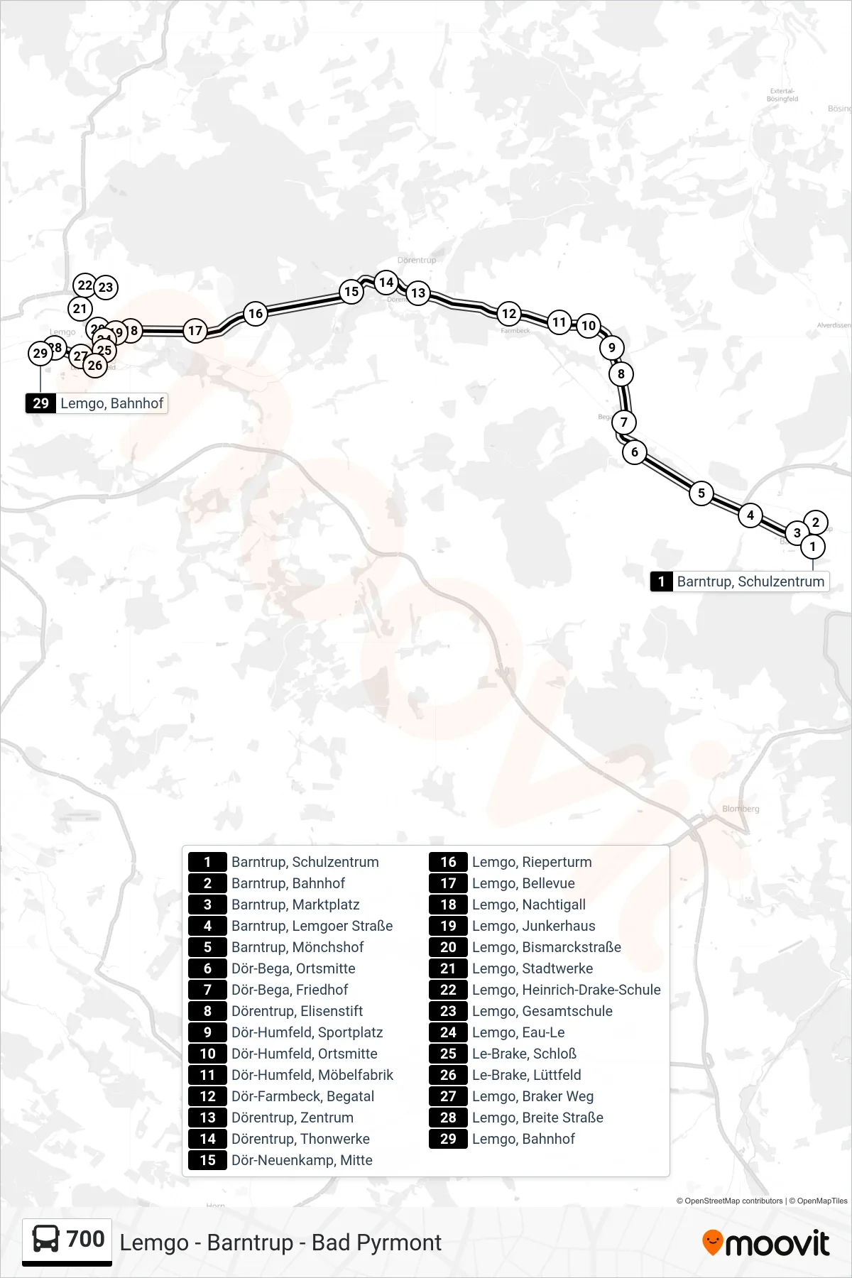 700 bus Line (Lemgo, Bahnhof Steig 2) route and stops on a map