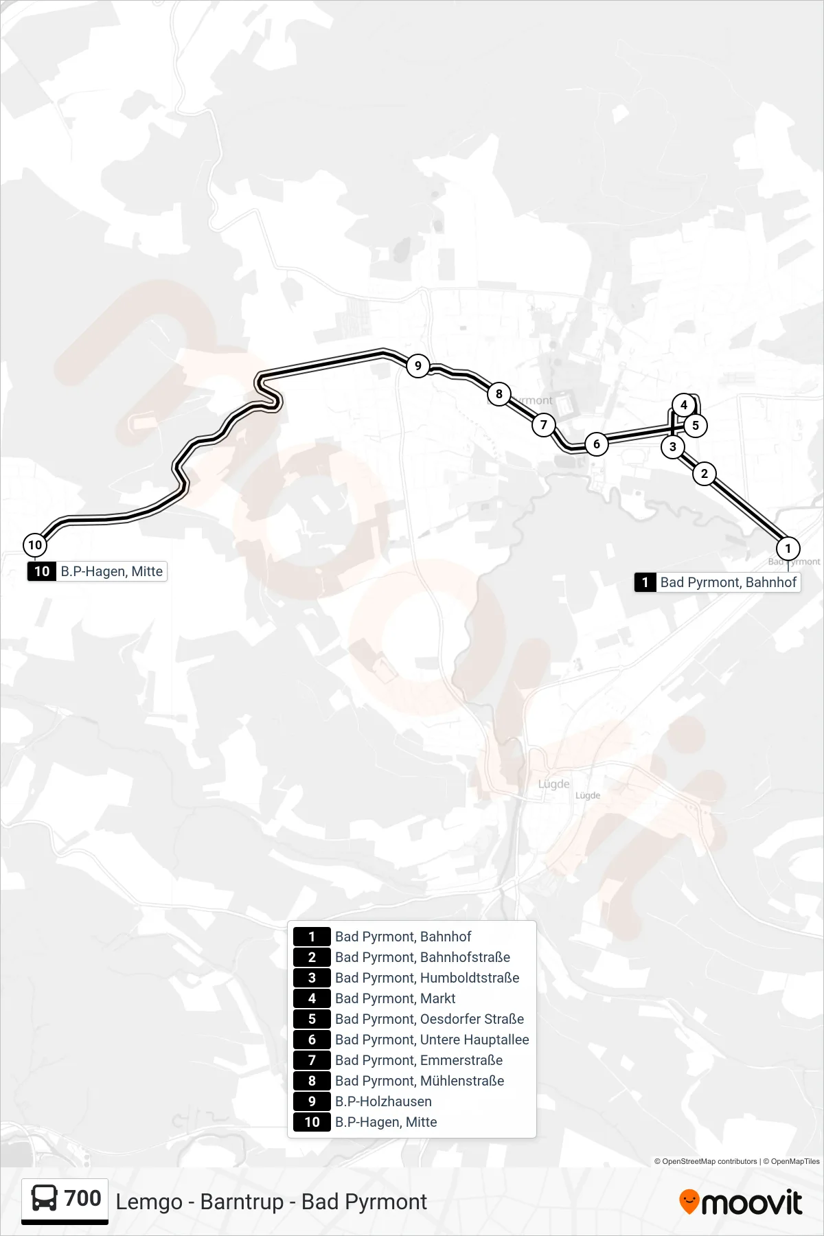700 bus Line (B.P-Hagen, Mitte) route and stops on a map