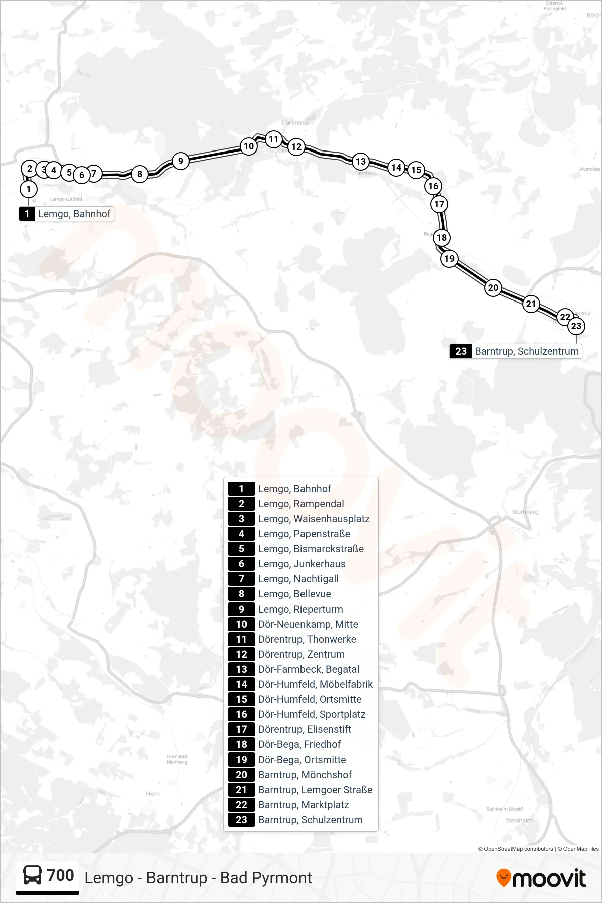 700 bus Line (Barntrup, Schulzentrum) route and stops on a map
